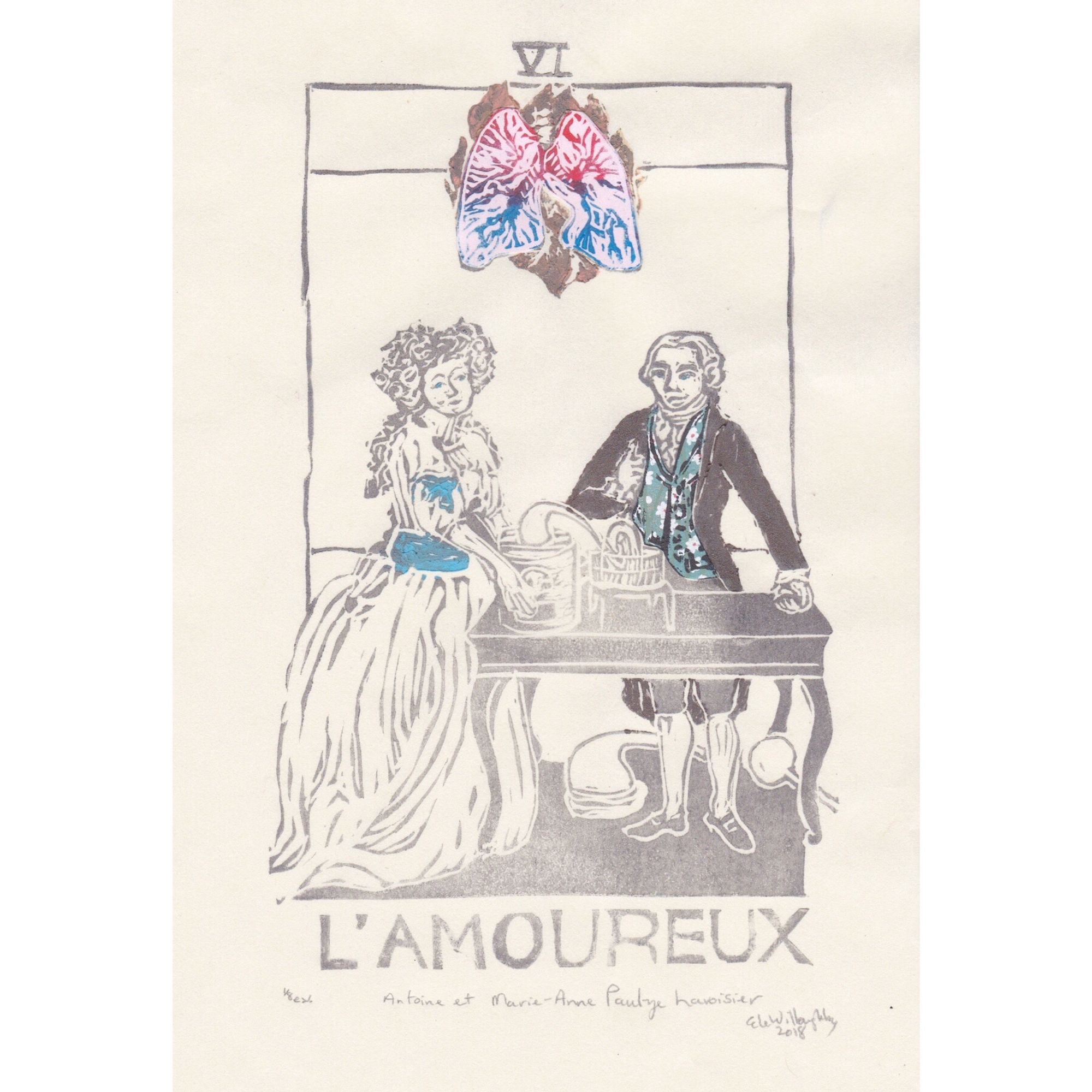 Linocut portrait of Antoine and Marie-Anne Lavoisier in silver ink on cream paper with a blue sash on her and a brown jacket and flowered blue vest on him. They are at a table with glassware. Above them is a flaming lungs in red and blue. Above is “VI” and below “L’AMOUREUX” below. The image is designed like a tarot card.