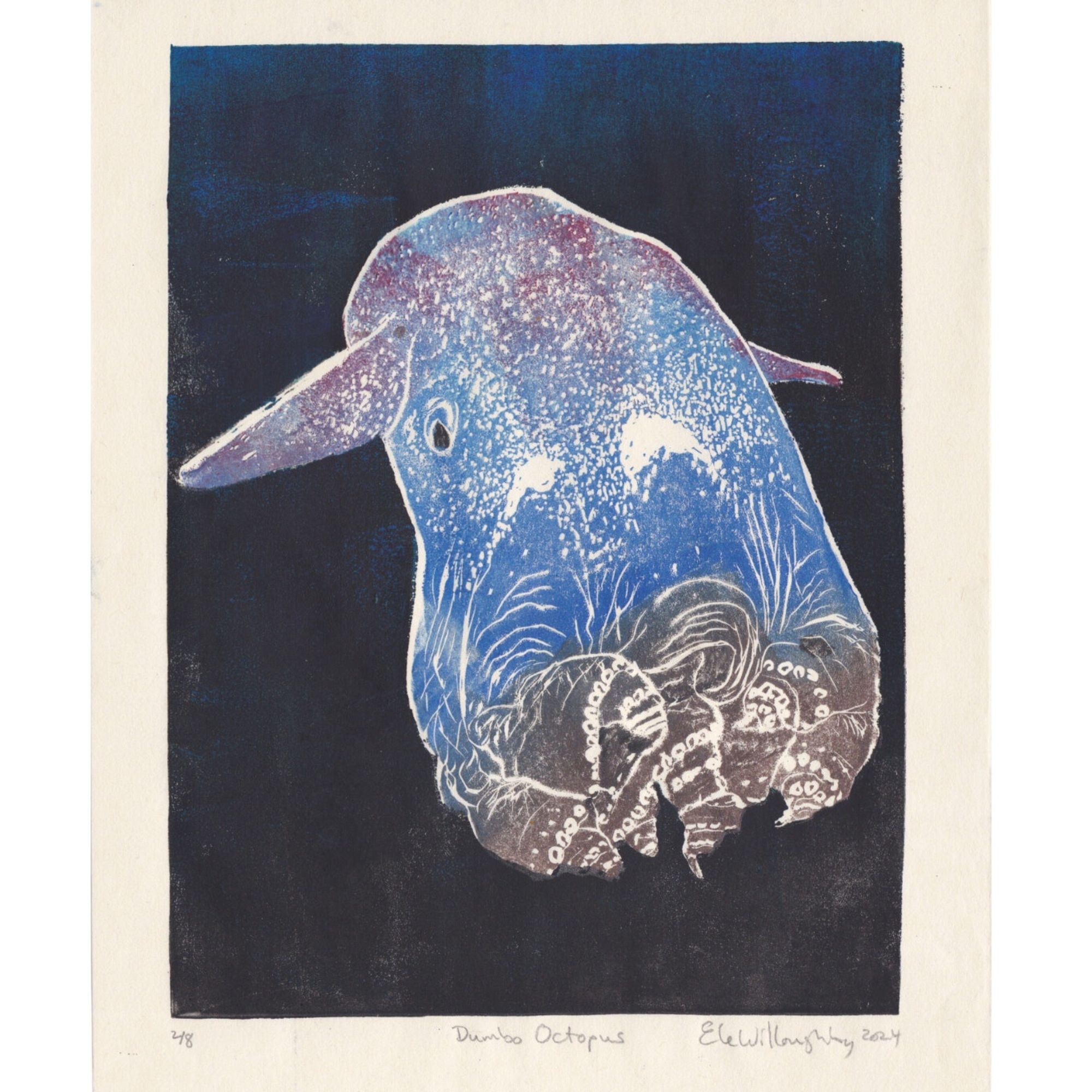 My 9.25” x 12.5” Lino block print of a Grimpoteuthis octopus, one of a genus of pelagic cirrate (finned) octopods known as the dumbo octopuses.  The octopus is mostly bluish with red at the top and on its ear-like fins. Its tentacles are brown and all spiralling up close to its body. The dark water around it is blue-black.