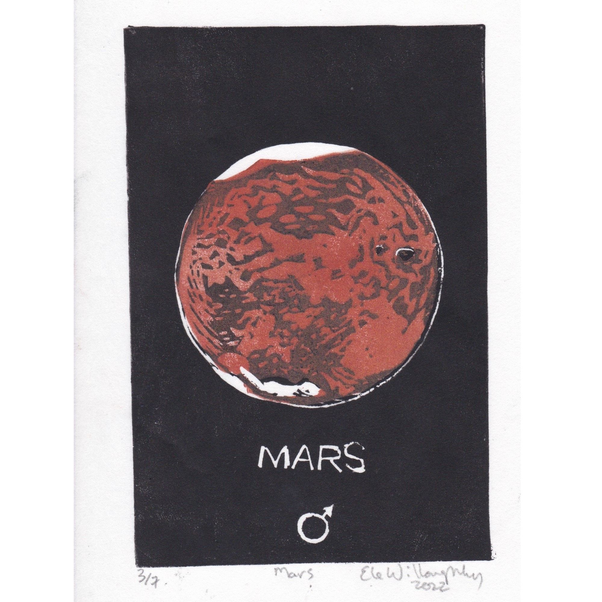 This is a mini print of Mars! This hand-carved, hand-printed linocut is just  5” x 8” (12.7 cm x 20.3 cm) and shows Mars, in orange and brown against a black background, with the word and symbol for Mars. Its tiny, lumpy moons Phobos and Deimos are in black.