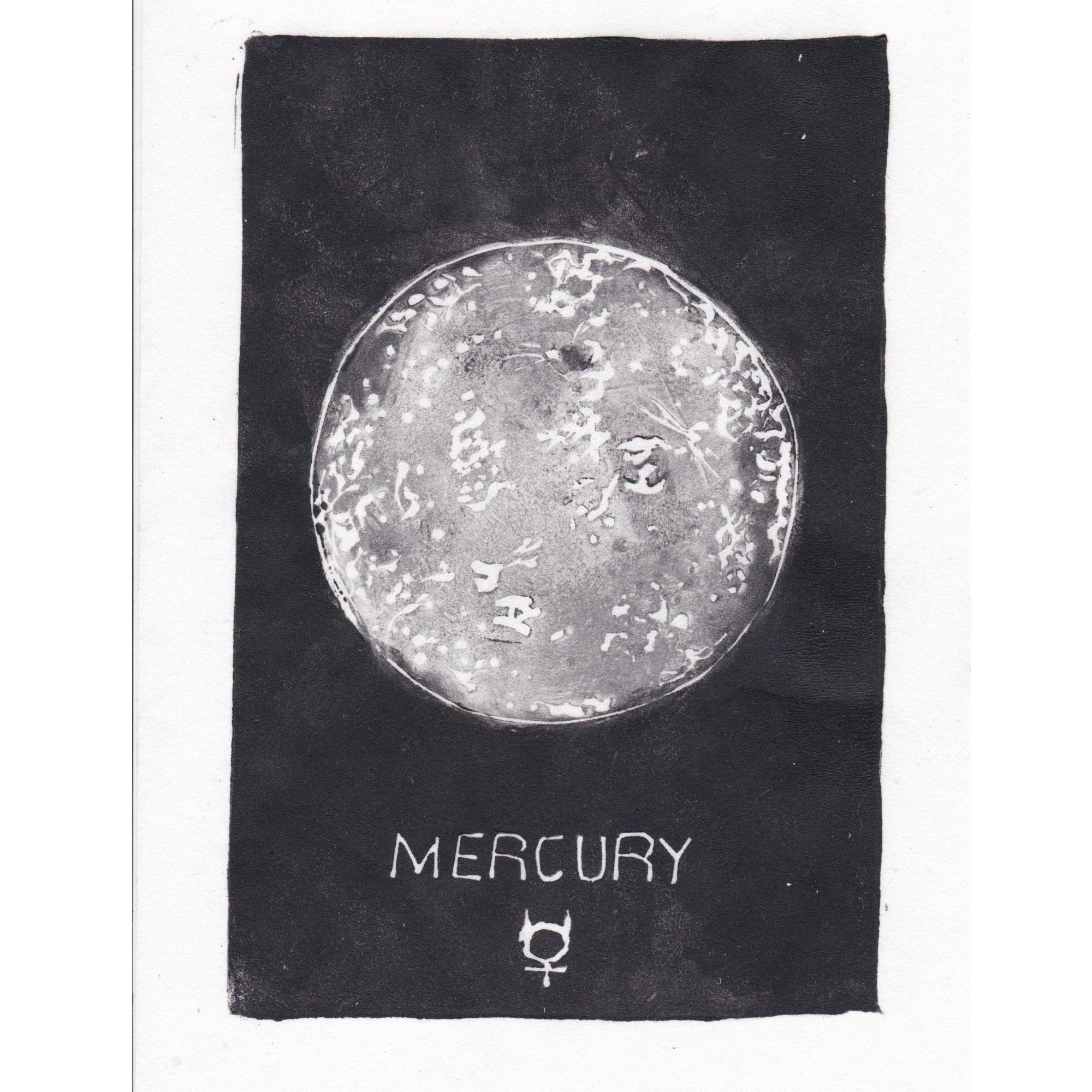 This is a mini print of Mercury! This hand-carved, hand-printed linocut is just  5” x 8” (12.7 cm x 20.3 cm) and shows Mercury, with craters in shades of grey against a black background, with the word and symbol for Mercury.