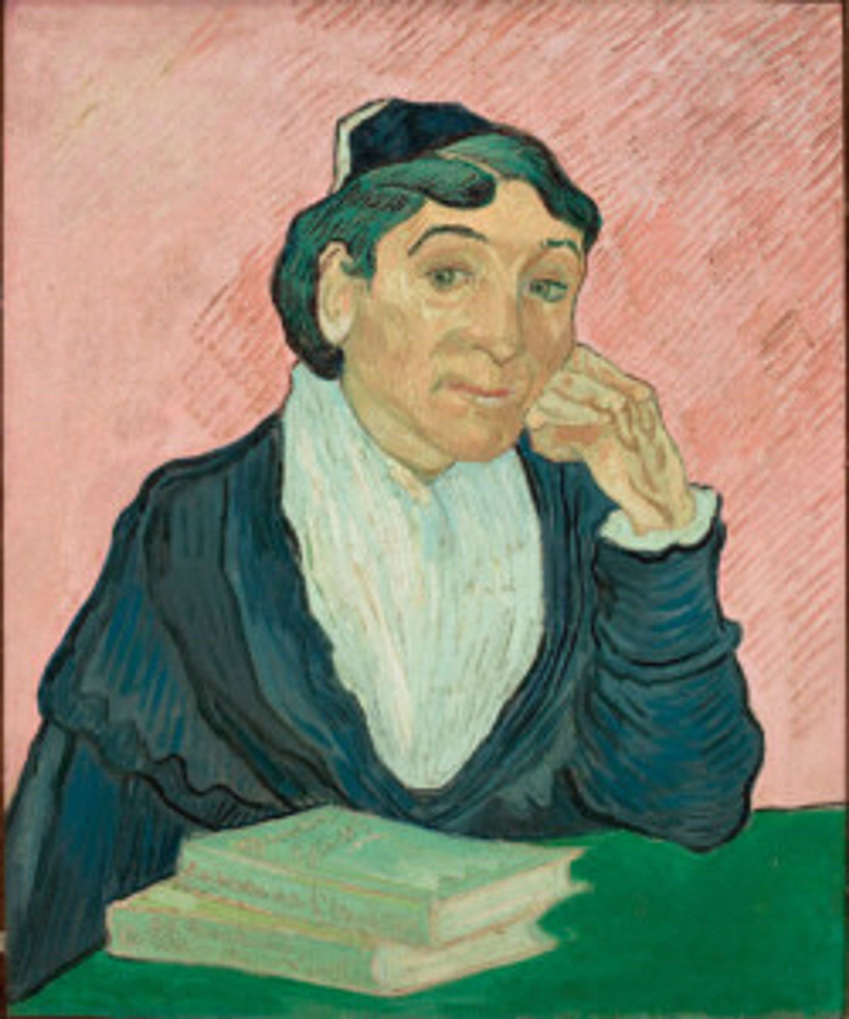 Vincent van Gogh, The Arlesienne
1890

Medium: Oil
Support: Canvas
Size: 65 x 54 cm
Art period: Post-Impressionism
São Paulo Museum of Art
MASP.00114
The portrait is of madame Ginoux, proprietress of the Café dela Gare in Arles.

She wears a white blouse, black dress and cap and leans on a green table with two books against a peach background.

Employs calcite as a pigment.

https://colourlex.com/project/van-gogh-the-arlesienne/