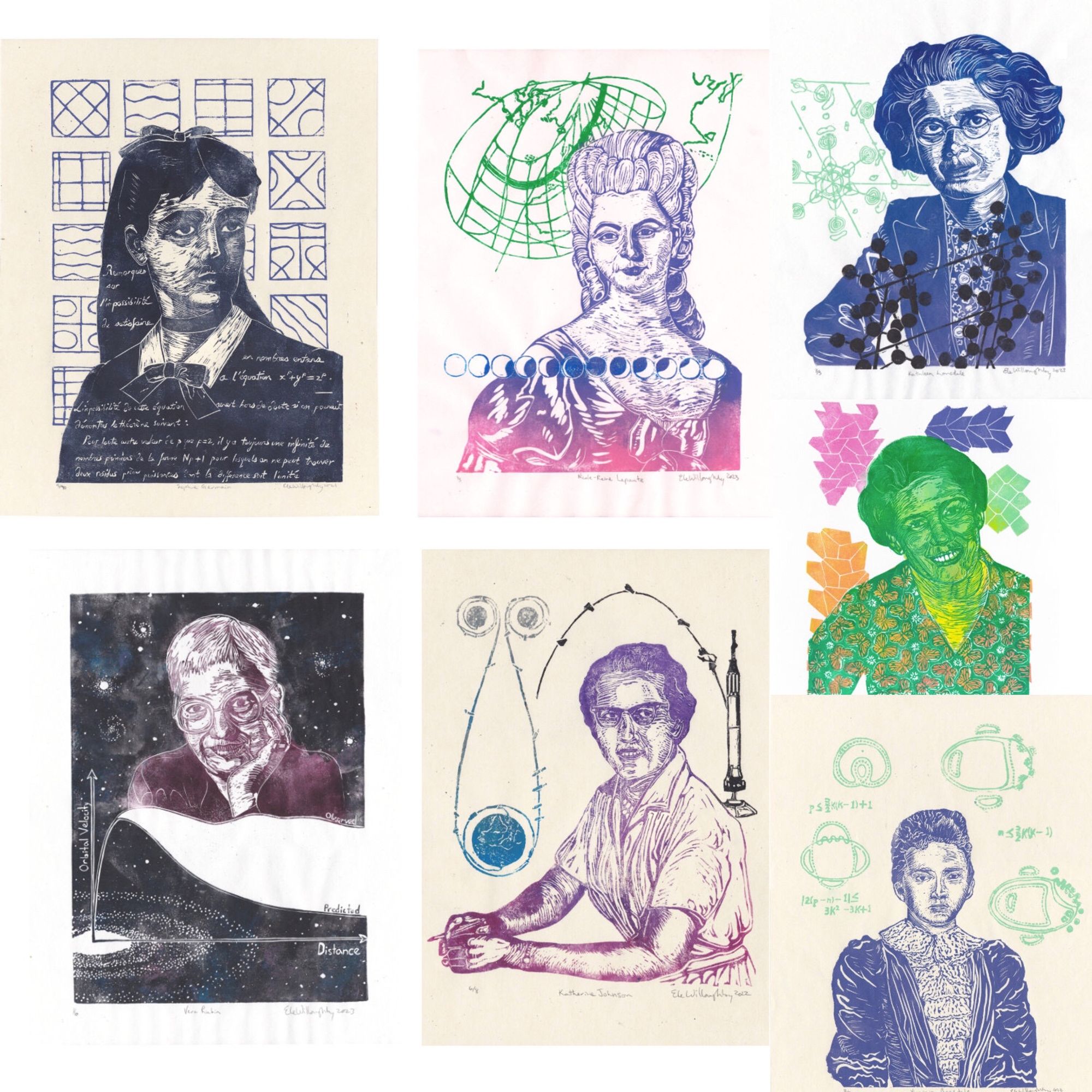 this is a collection of linocut prints of (top row):
mathematician Sophie Germaine,
astronomer Nicole-Reine Lepaute
and crystallographer Kathleen Lonsdale

Middle:
Amateur mathematician Marjorie Rice

Bottom row:
Astronomer Vera Rubin,
Mathematician Katherine Johnson and  
Mathematician Virginia Ragsdale

Each is shown with a representation of their scientific work.