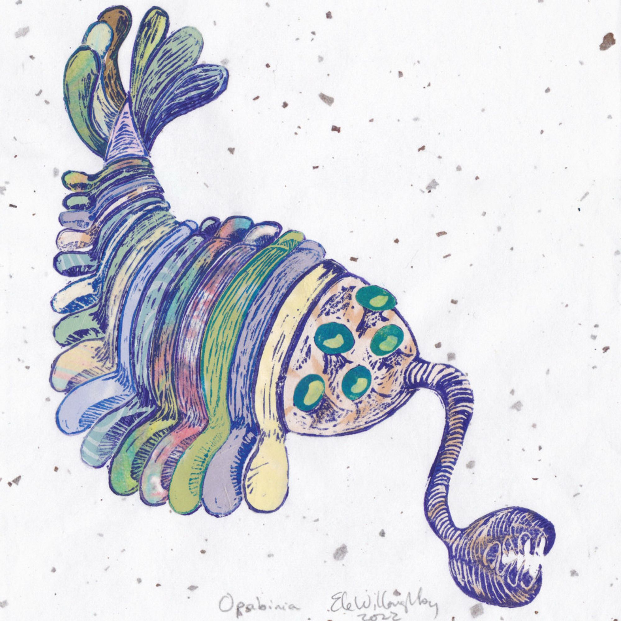 Linocut print of an Opabinia in indigo ink on speckled, white, Japanese paper, with each segment in a different collaged Japanese paper in different colours and patterns, including some marbled with suminagashi ink.