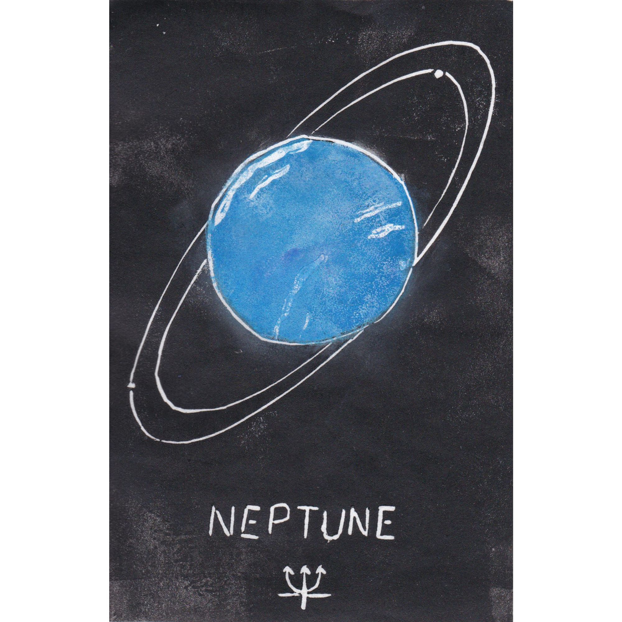 This is a mini print of Neptune! This hand-carved, hand-printed linocut is just  5” x 8” (12.7 cm x 20.3 cm) and shows Neptune, in blue and white with two fine rings against a black background, with the word and symbol for Neptune.