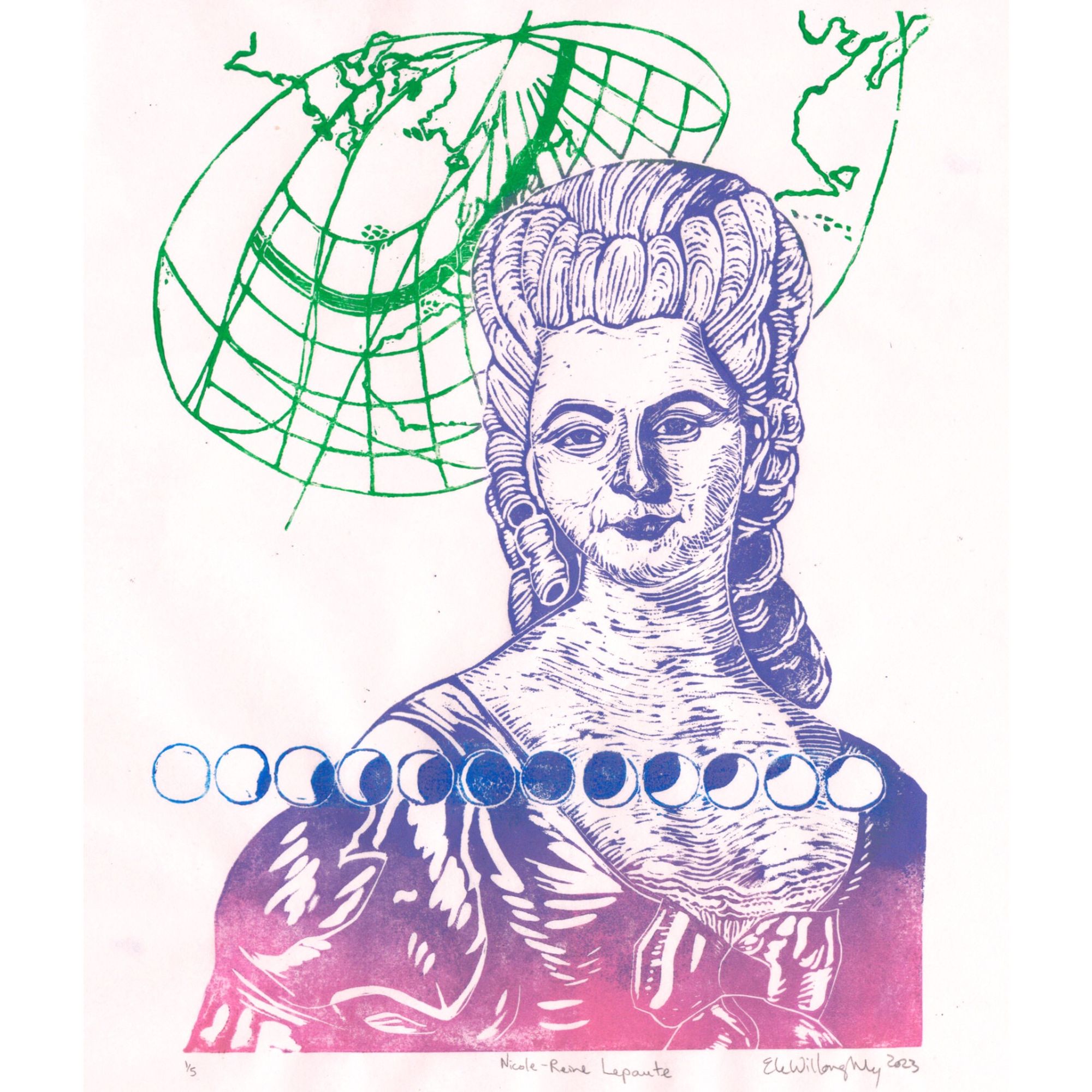 My linocut print of mathematician & astronomer Nicole-Reine Lepaute (1723-1788) in a vertical gradient (bottom to top) of bright pink to lavender on white paper. She wears a wig and gown and the portrait is from the chest to head. Her 12 diagrams of the phases of the annular the solar eclipse of 1764 as viewed from Paris appear across her shoulders. Behind her head in green is her map of the path of the eclipse across Europe.