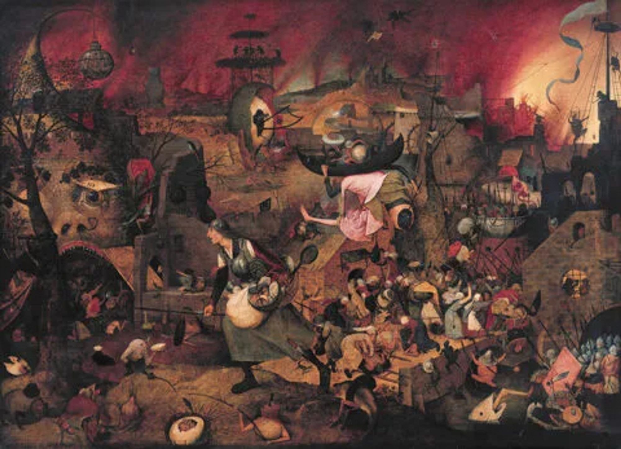 Pieter Bruegel the Elder, Mad Meg
1562

Medium: Oil
Support: Panel
Size: 117.4 x 162 cm
Art movement: Renaissance
Museum Mayer van den Bergh, Antwerp, Belgium
Painting
Mad Meg (Dulle Griet) is a shrew from Flemish folklore depicted in Breugel’s painting as a distraught and disturbed woman wearing a knight’s armor and a sword and attacking the mouth of Hell. The landscape around her is filled with demonical figures resembling the figures painted by Hieronymus Bosch.

Via https://colourlex.com/project/bruegel-mad-meg/

Contains calcite as a pigment