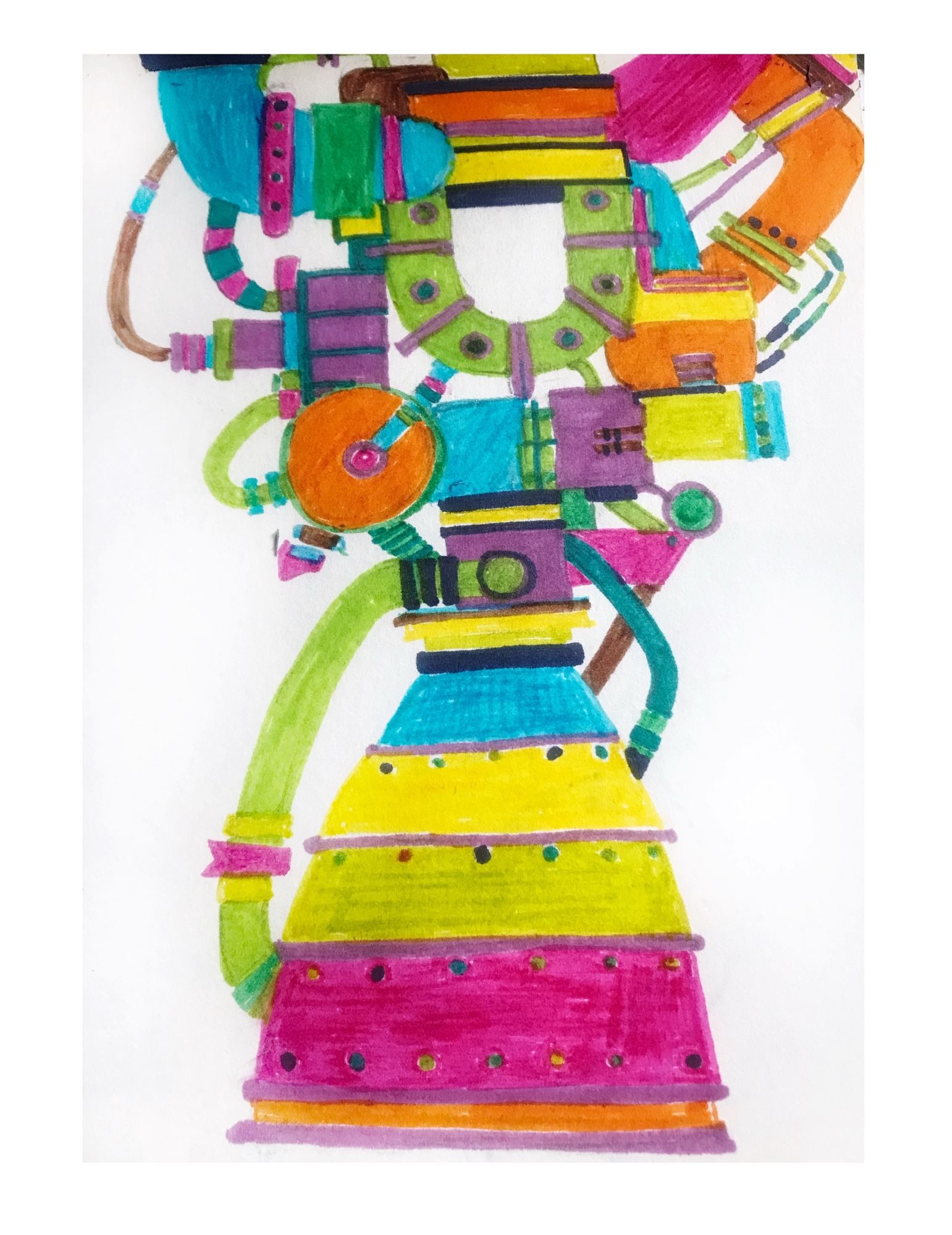 As described, a very colourful drawing of a rocket engine with different parts in different fluorescent colours like yellow, lime, fuchsia, turquoise, orange and violet.