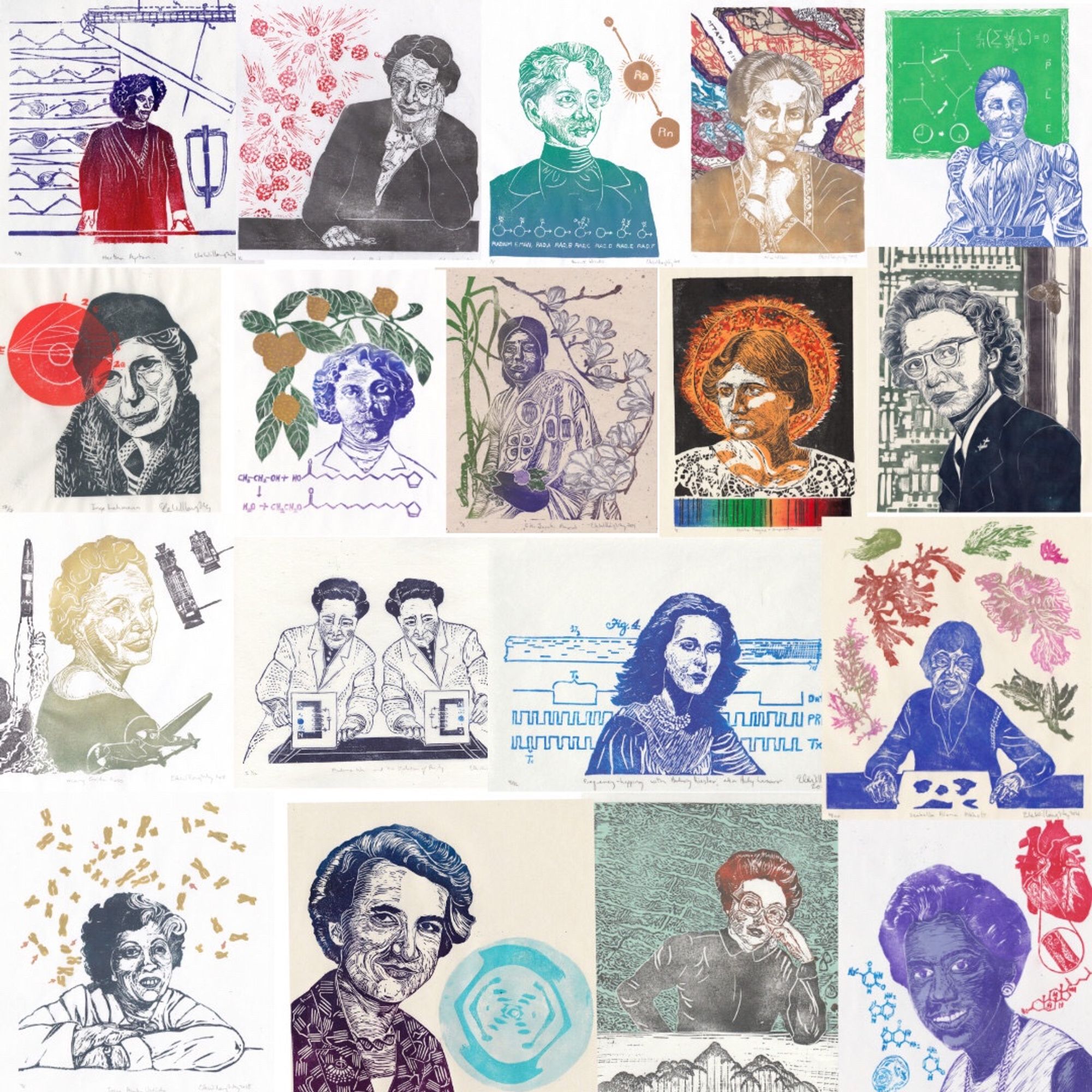 this is a collection of linocut prints of (top row): 

Physicists Hertha Ayrton, Lise Meitner & Harriet Brooks
geologist Alice Wilson
Mathematician Emmy Noether
seismologist Inge Lehmann
Pharmaceutical chemist Alice Ball
Botanist Janaki Ammal
astrophysicist Cecilia Payne-Gaposchkin
computer scientist Grace Hopper
Mathematician Mary Golda Ross 
Physicist Chien-shiung Wu
inventor Hedy Lamarr
phycologist Isabella Aiona Abbott
geneticist Irene Ayako Uchida
Crystallographer Rosalind Franklin 
Marine geologist Marie Tharp
Biochemist Marie Maynard Daly

Each is shown with a representation of their scientific work.