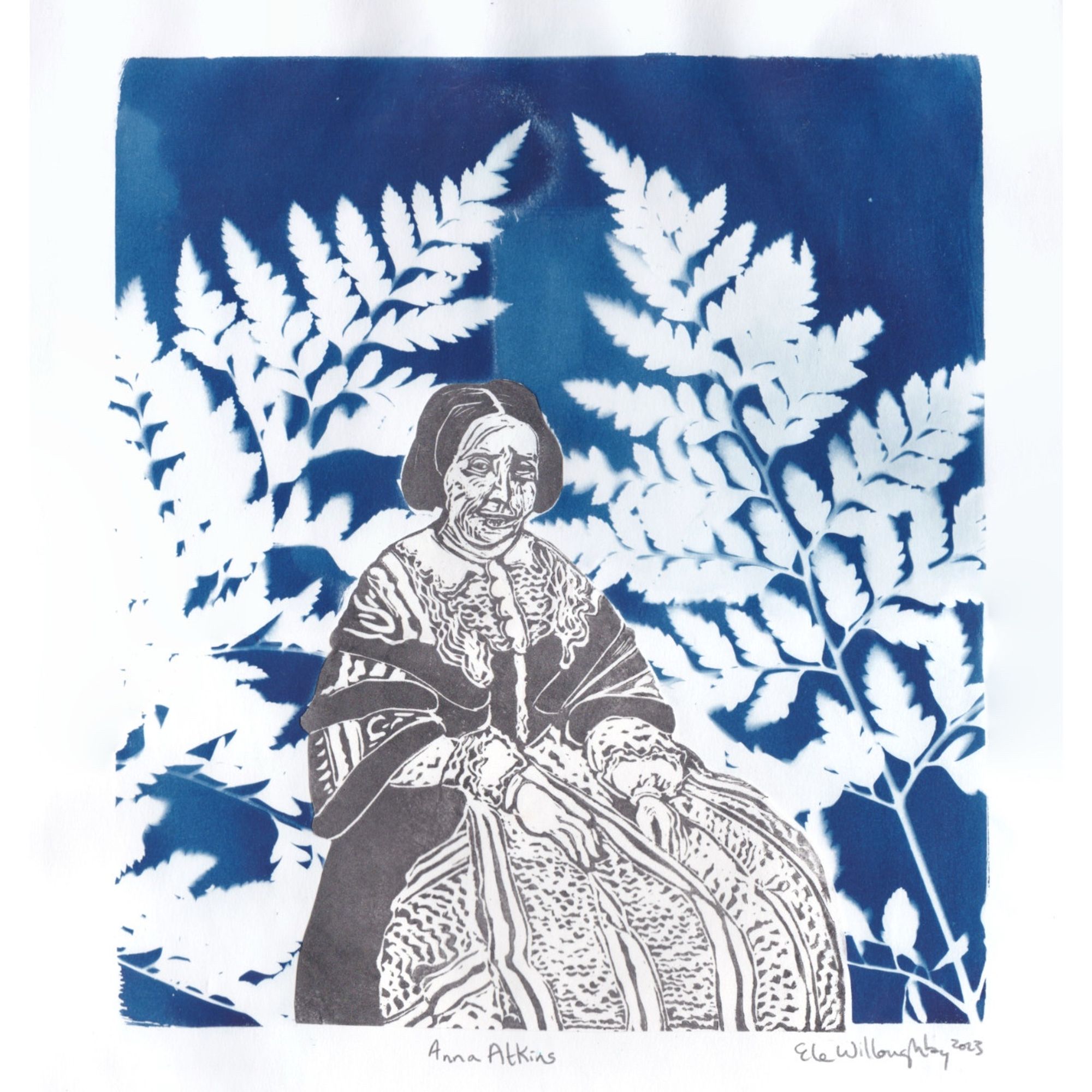 My portrait of Anna Atkins combines a linocut print illustrating her (a Victorian woman in a dress with lace collar in silver ink on white) with a background of a cyanotype with two white fern leaves silhouettes on a Prussian blue.