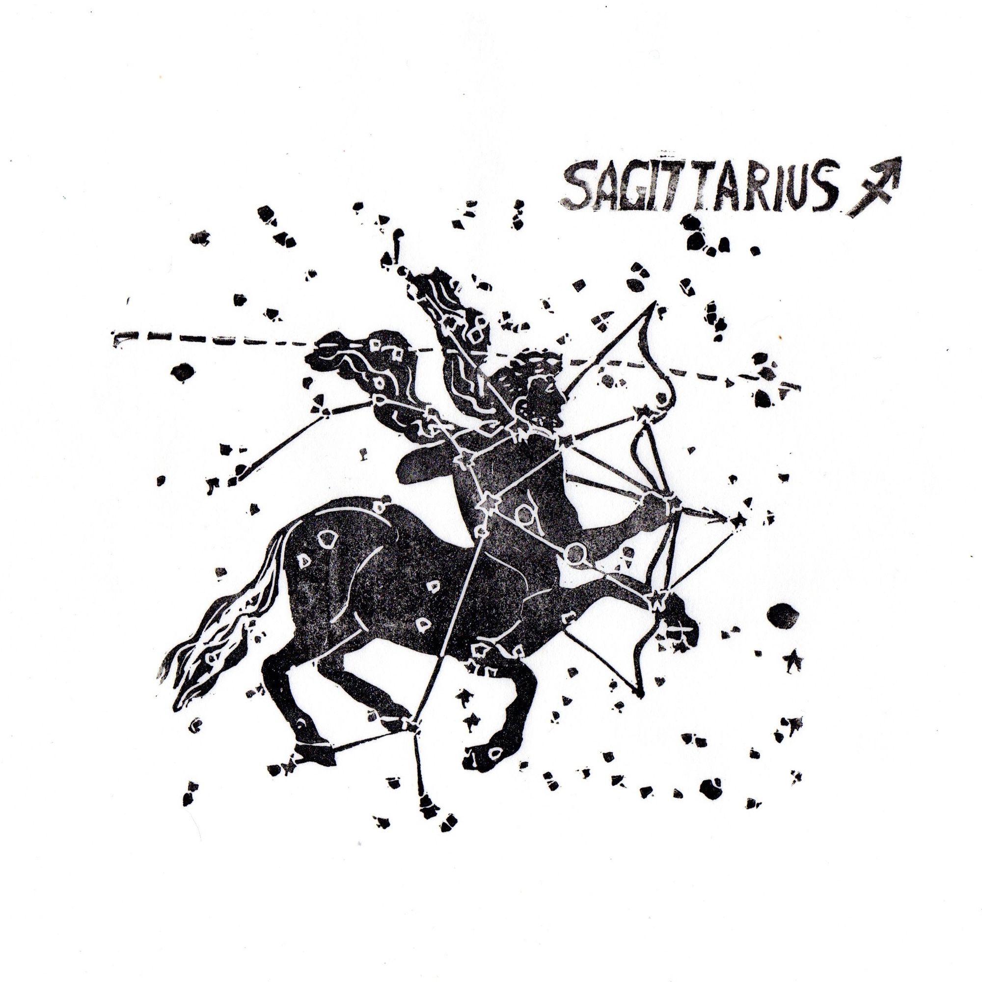 My small linocut print in black ink on white washi paper of the Sagittarius constellation with centaur, dashed line of the ecliptic and text with symbol “SAGGITTARIUS”