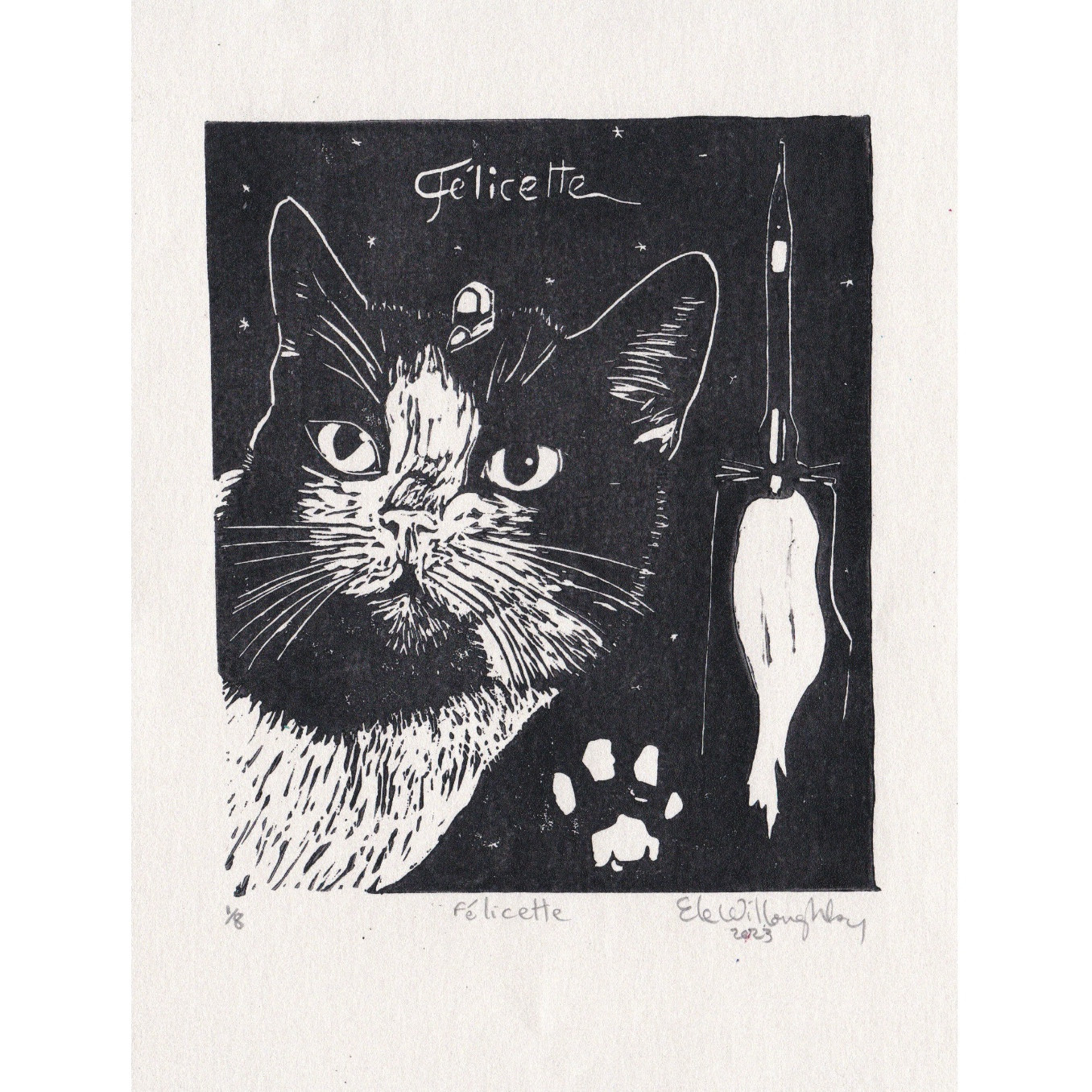 My linocut portrait of Félicette, a Parisian stray tuxedo cat who was recruited into the French space program. It's printed by hand, in black ink on pearlescent Japanese paper, 6" x 8". 
She peers from the side of the image, facing the viewer with the electrode on her head, 
the Véronique rocket, paw print, her name and starry sky behind her.