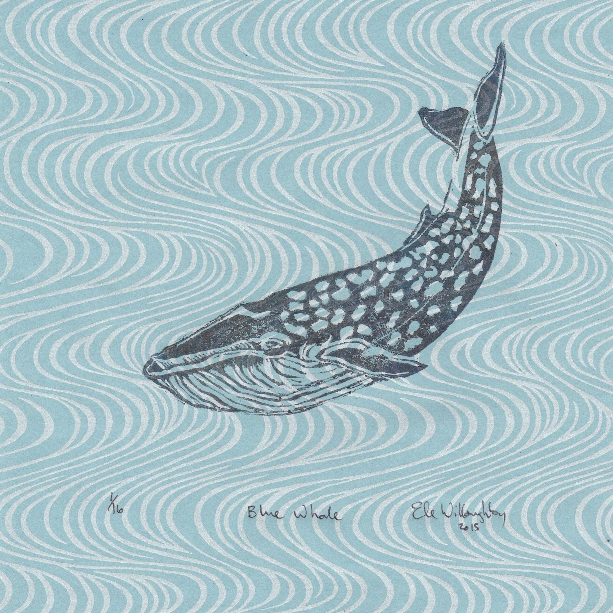 My blue whale linocut shows the spotted diving whale in blue-grey on patterned Japanese washi paper in pale blue with a sliver wave pattern.