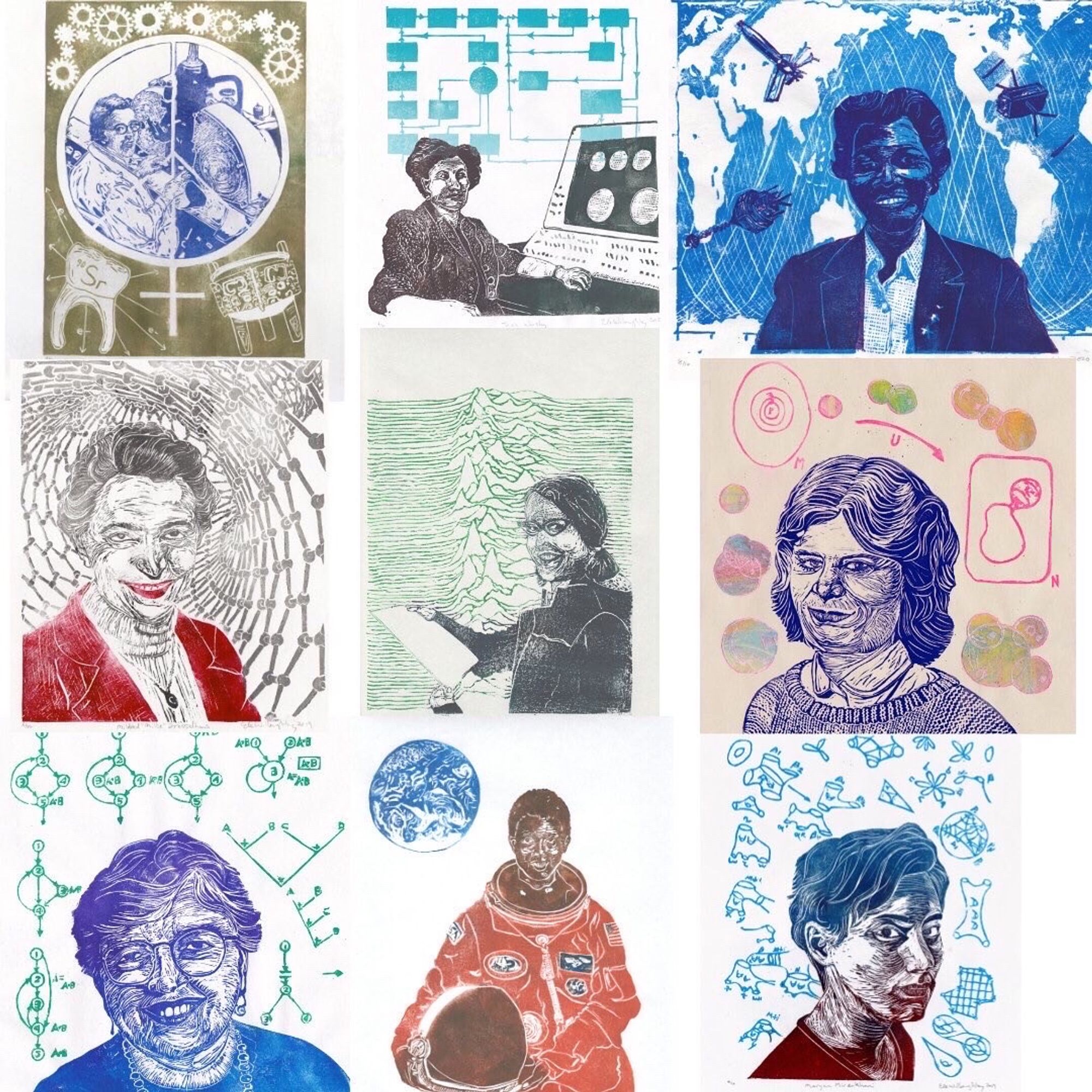 this is a collection of linocut prints of (top row): 

Physicists Hertha Ayrton, Lise Meitner & Harriet Brooks
geologist Alice Wilson
Mathematician Emmy Noether
seismologist Inge Lehmann
Pharmaceutical chemist Alice Ball
Botanist Janaki Ammal
astrophysicist Cecilia Payne-Gaposchkin
computer scientist Grace Hopper
Mathematician Mary Golda Ross 
Physicist Chien-shiung Wu
inventor Hedy Lamarr
phycologist Isabella Aiona Abbott
geneticist Irene Ayako Uchida
Crystallographer Rosalind Franklin 
Marine geologist Marie Tharp
Biochemist Marie Maynard Daly

Each is shown with a representation of their scientific work. is a collection of linocut prints of (top row): 

Physicist & metallurgist Ursula Franklin 
Computer scientist Beatrice “Trixie” Worsley 
Mathematician & geodesist Gladys West
Physicist Mildred “Millie” Dresselhaus 
Astrophysicist Jocelyn Bell Burnell
Mathematician Karen Uhlenbeck
Computer scientist Frances Allen
astronaut Mae Jemison
Mathematician Maryam Mirzakhani 


Each is shown