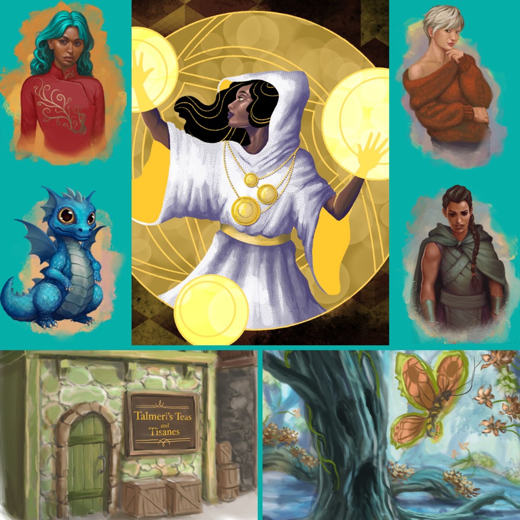 Examples of art, including illustrations of main characters from Tea Princess Chronicles Miyara, Lorwyn, Risteri, and Yorani (baby dragon), the teashop, the Cataclysm (magical pocket realm), and an arcanist working magic.