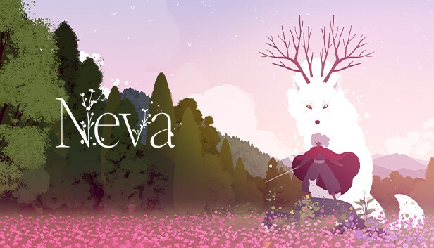 A graphic for the game Neva, has a woman with a sword standing in front of a large white wolf with antlers. The color palette is very dreamy pastels 