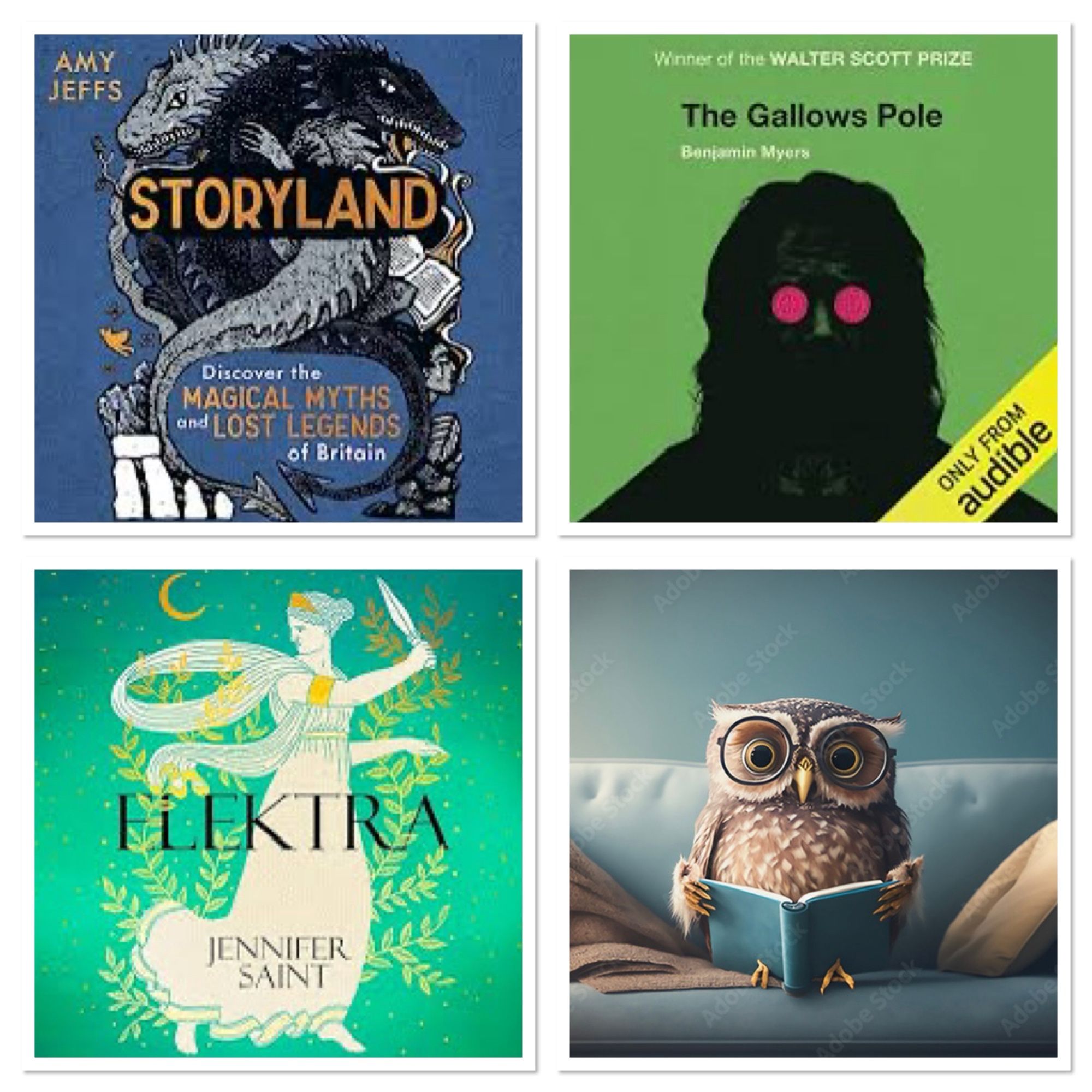 3 book covers and bespectacled owl reading a book. 
Book covers - storyland; the gallows pole; elektra