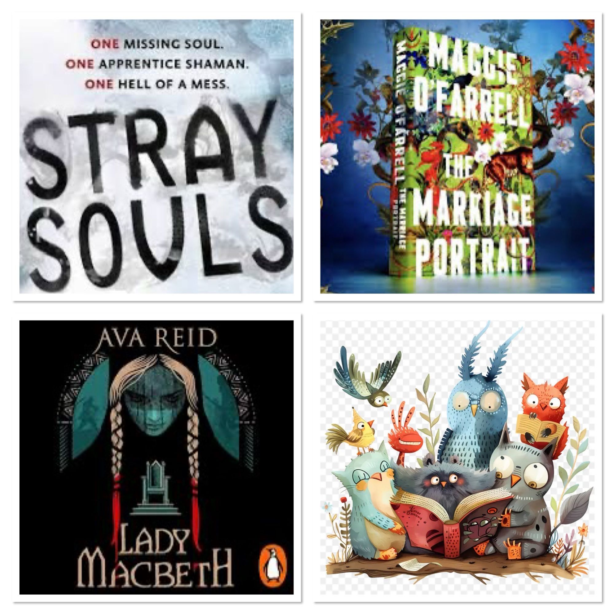 3 book covers and a picture of cartoon owls and other birds and animals all reading together. 
Book covers - stray souls; the marriage portrait; lady Macbeth