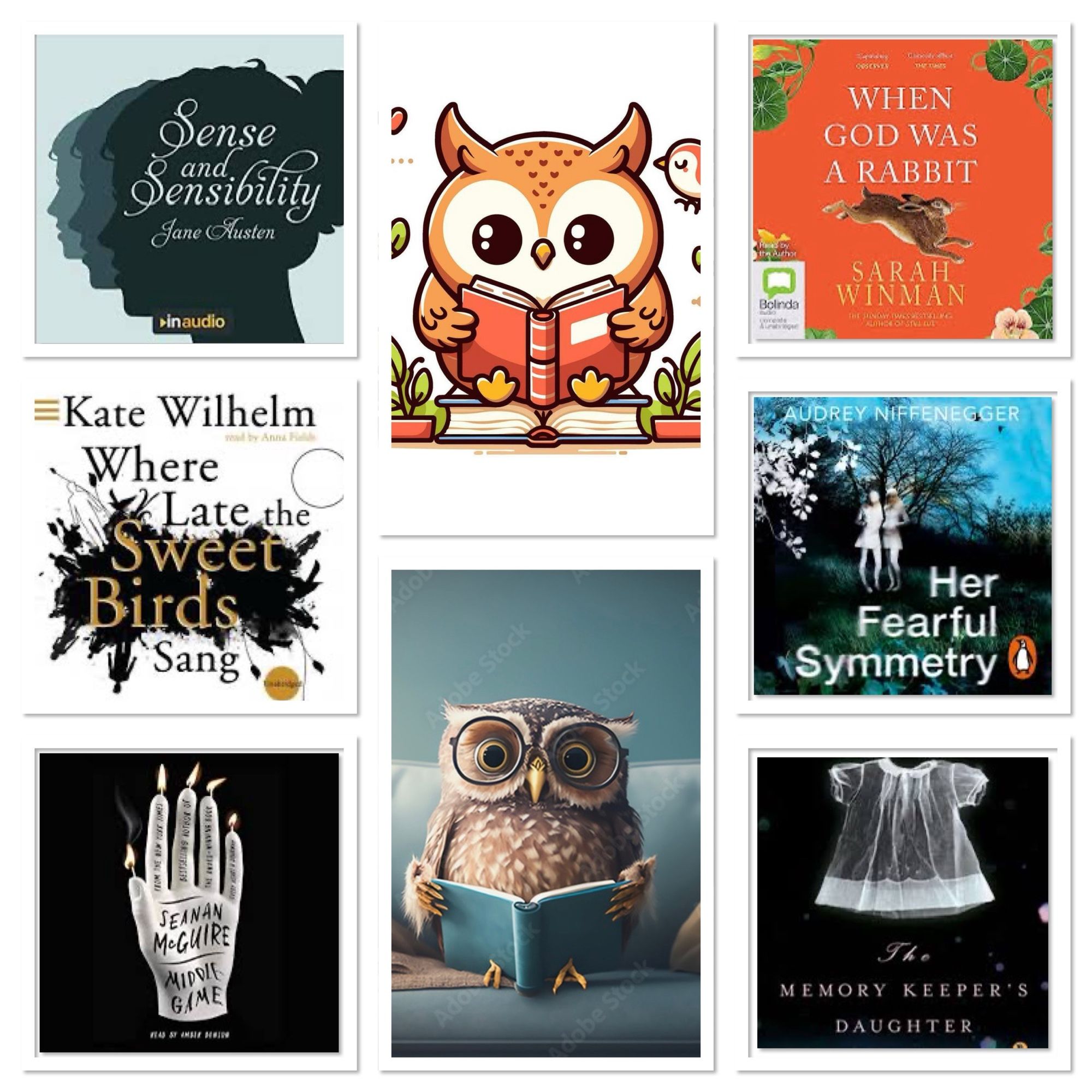 6 books covers in small squares with  pictures of two reading owls in between. 
Book covers are - sense and sensibility; where late the sweet birds sang; middle game; when his was a rabbit; her fearful symmetry; the memory keepers daughter