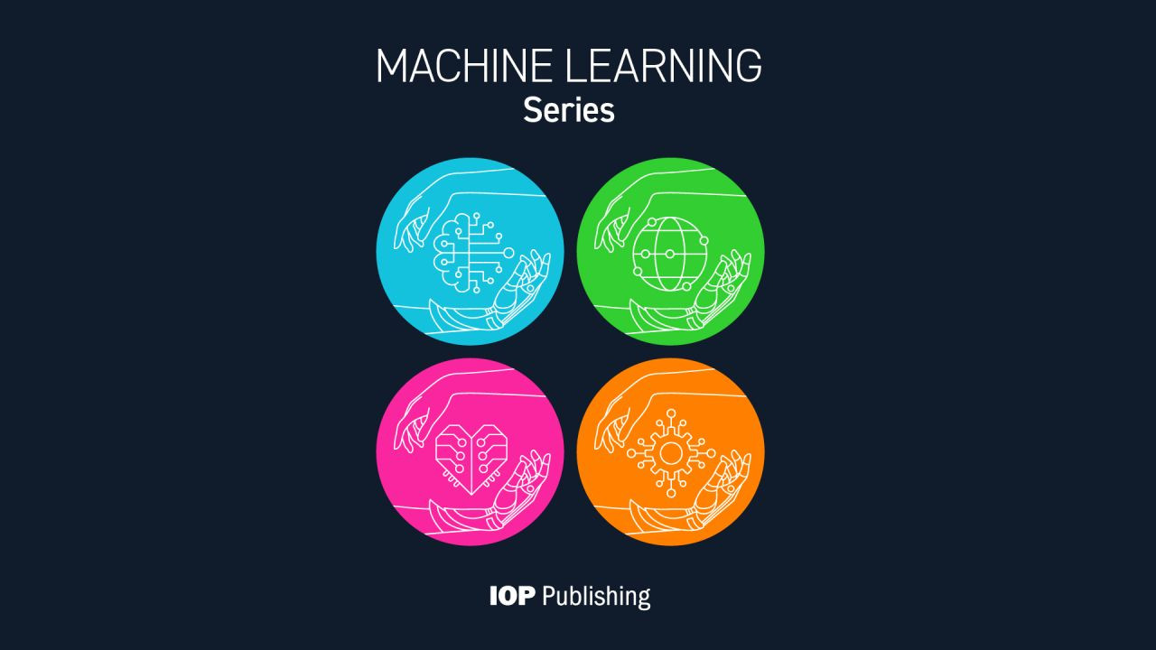 The logos of the journals in the Machine Learning series recently launched by IOP Publishing. Each logo shows two hands (one 'human' and one 'robotic') embracing a brain/network (blue logo for Machine Learning: Science and Technology), planet Earth (green logo for Machine Learning: Earth), a heart (pink logo for Machine Learning: Health) and a gear (orange logo for Machine Learning: Engineering)