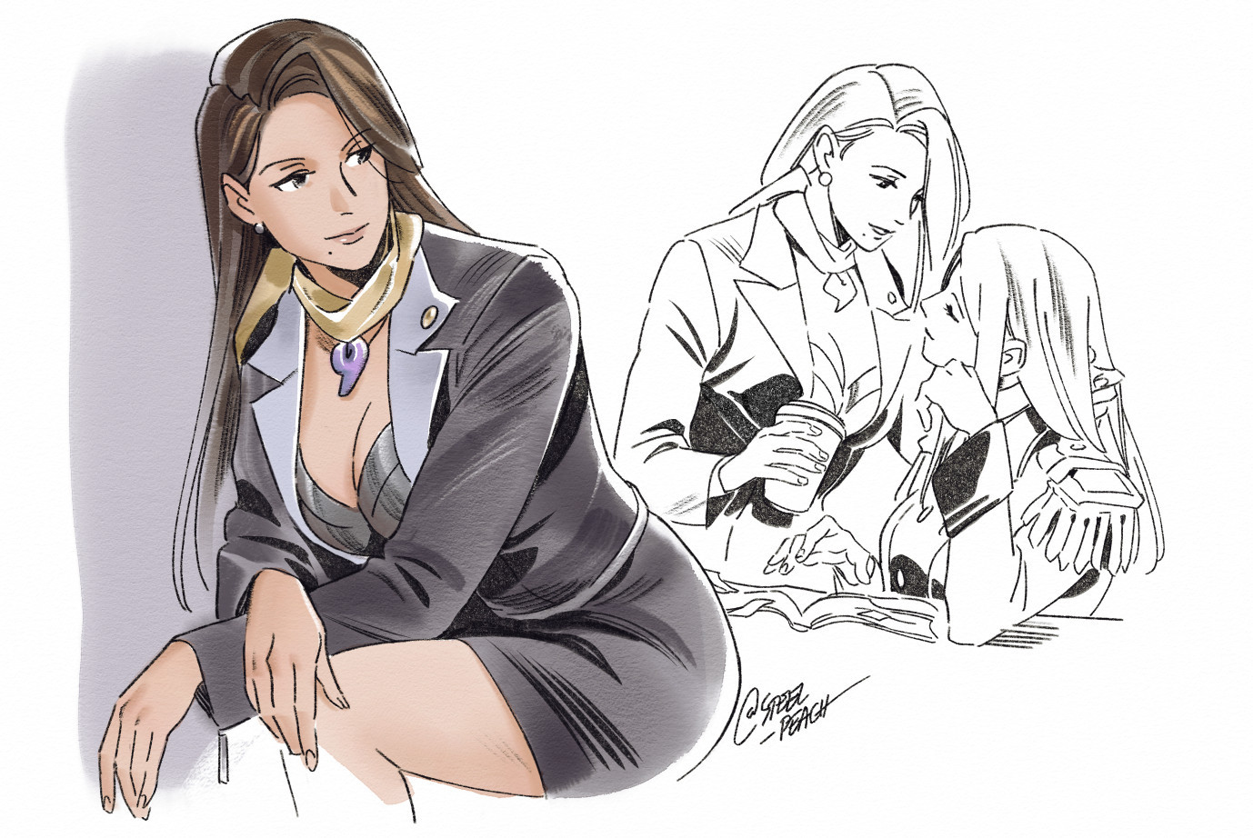 Mia Fey sitting down, and Mia bringing a cup of coffee to Lana, touching her hair