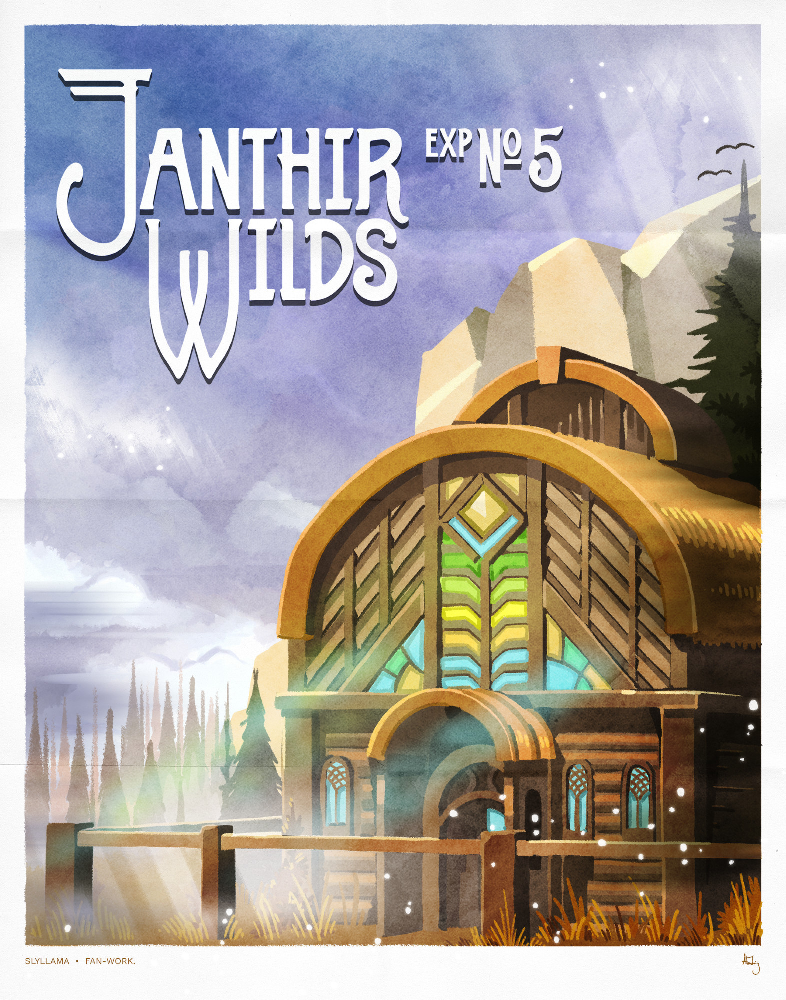 A painted poster of a homestead from the Guild Wars 2 expansion, Janthir Wilds.