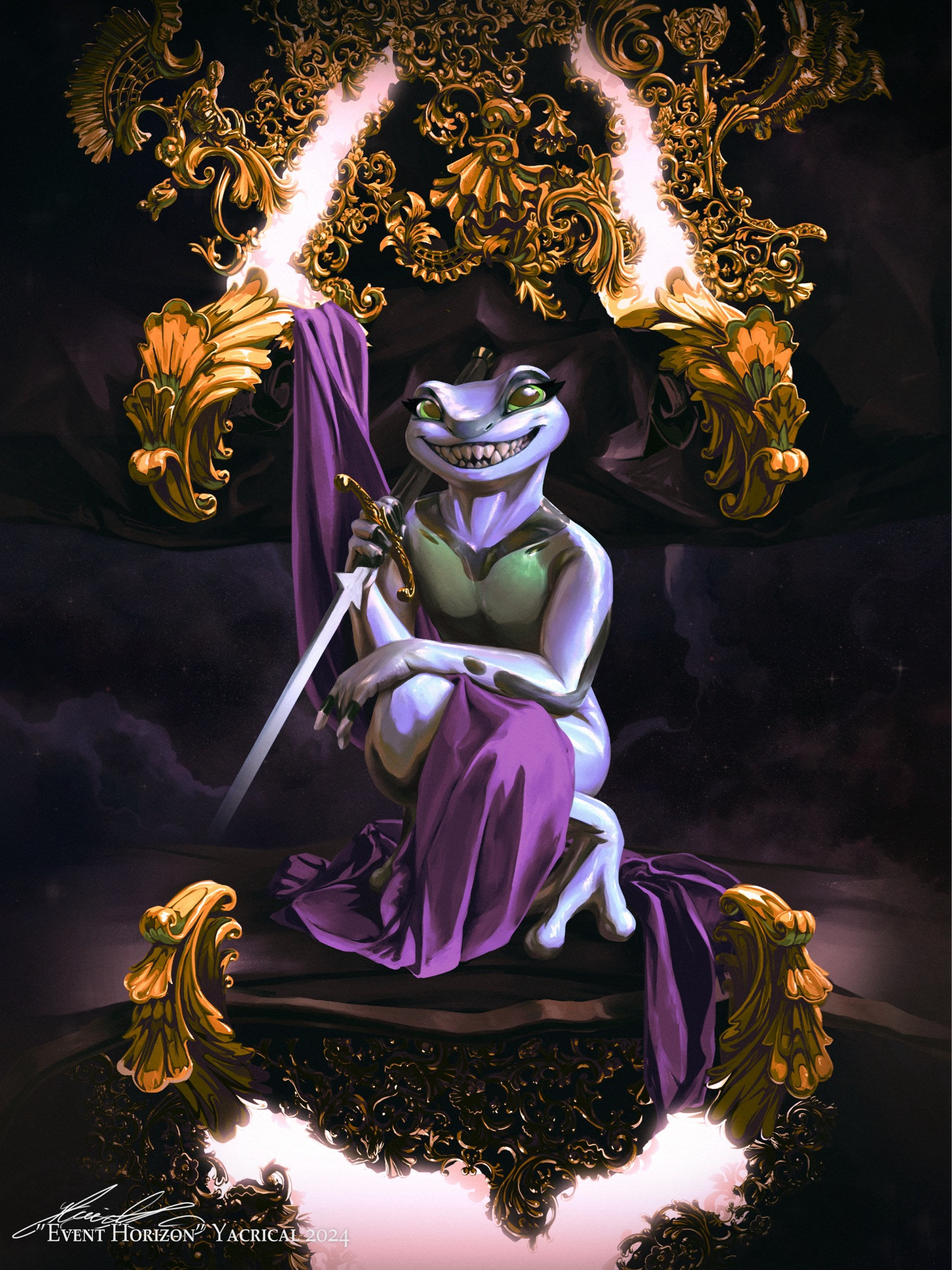 A frog character sitting draped in purple cloth. Golden rocaille shapes are tearing through the background