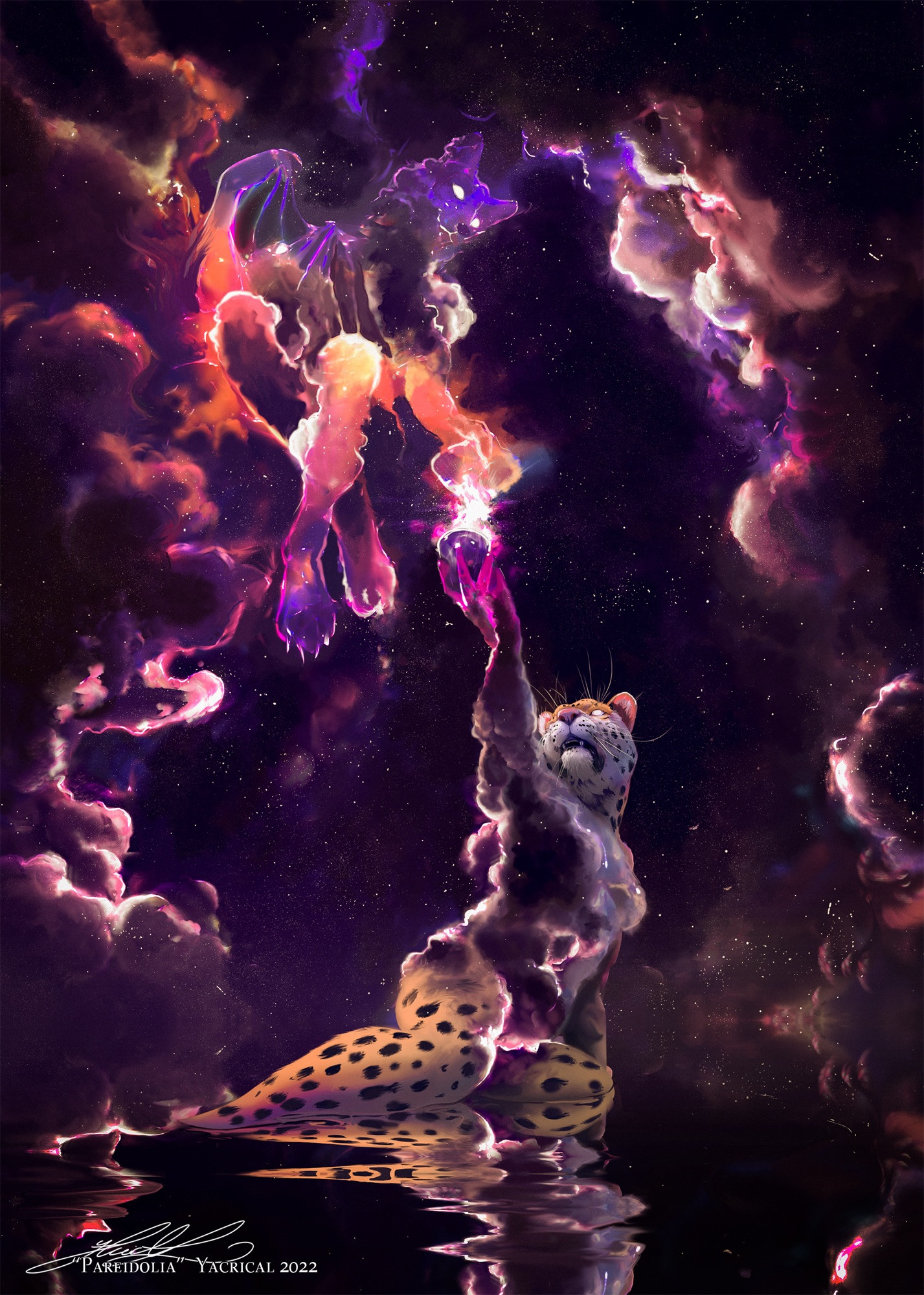 A leopard woman reaching up to a godly figure and seemingly disintegrating into clouds of stardust