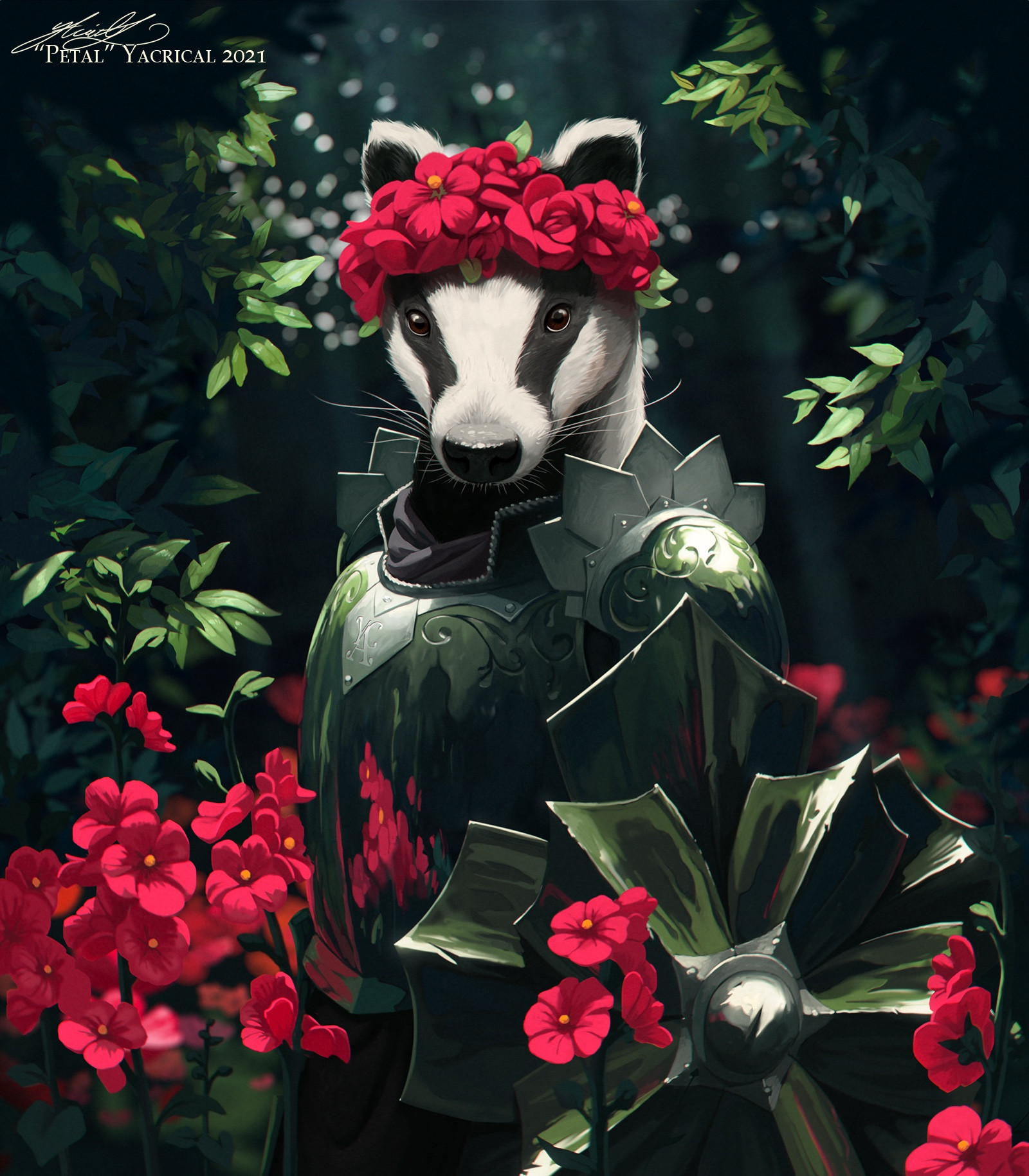 A badger knight in a shining armour standing in lush woods surrounded by red flowers