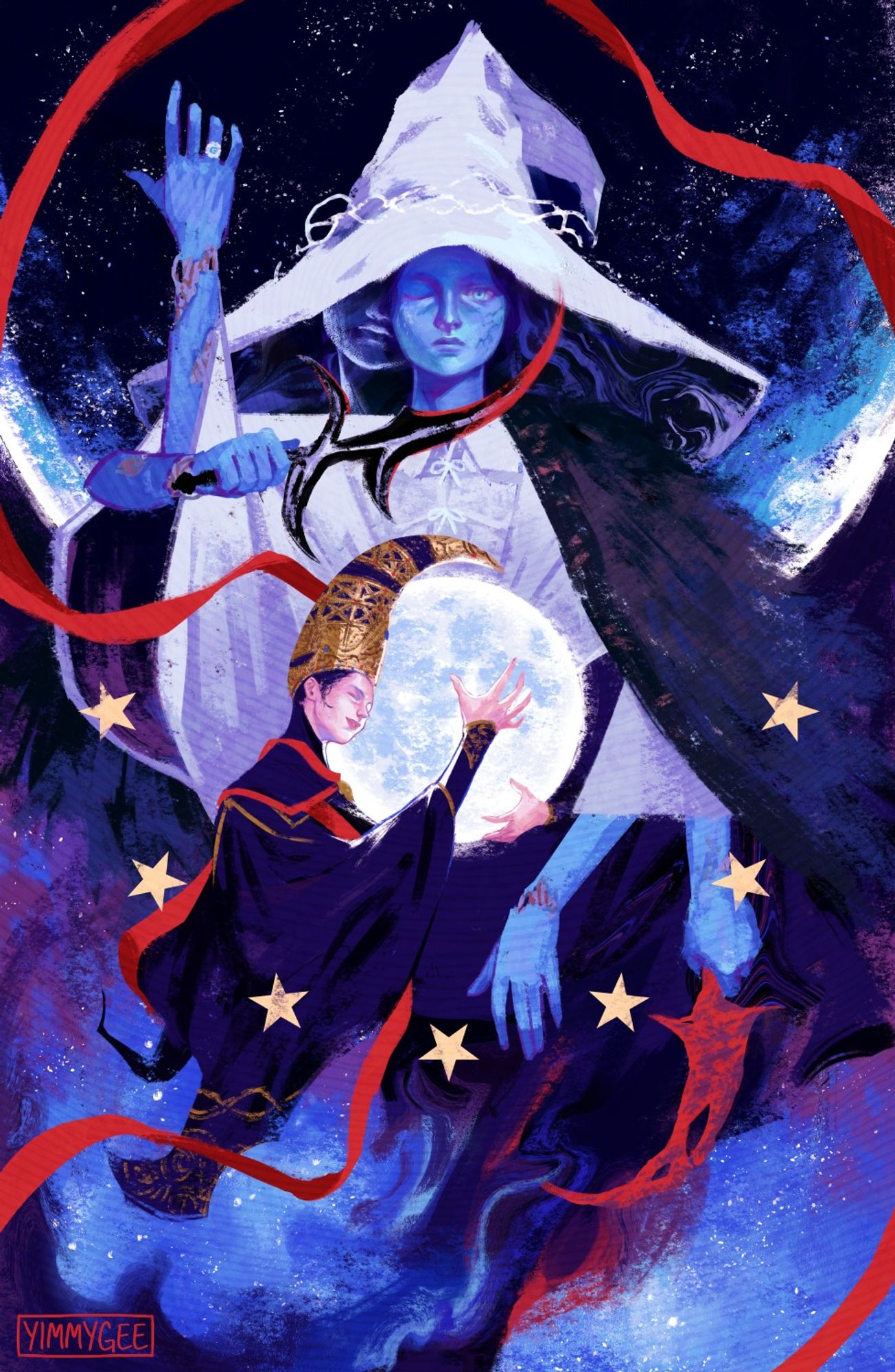 An illustration depicting Ranni the Witch and her mother Rennala, Queen of the Full Moon, in the Age of Stars ending of the game Elden Ring. Ranni is against a huge backdrop of her signature dark moon, wielding both the Fingerslayer Blade and the Black Knife that she used to slay her own body. She cradles her mother, who is beholding her own full moon with a serene expression.