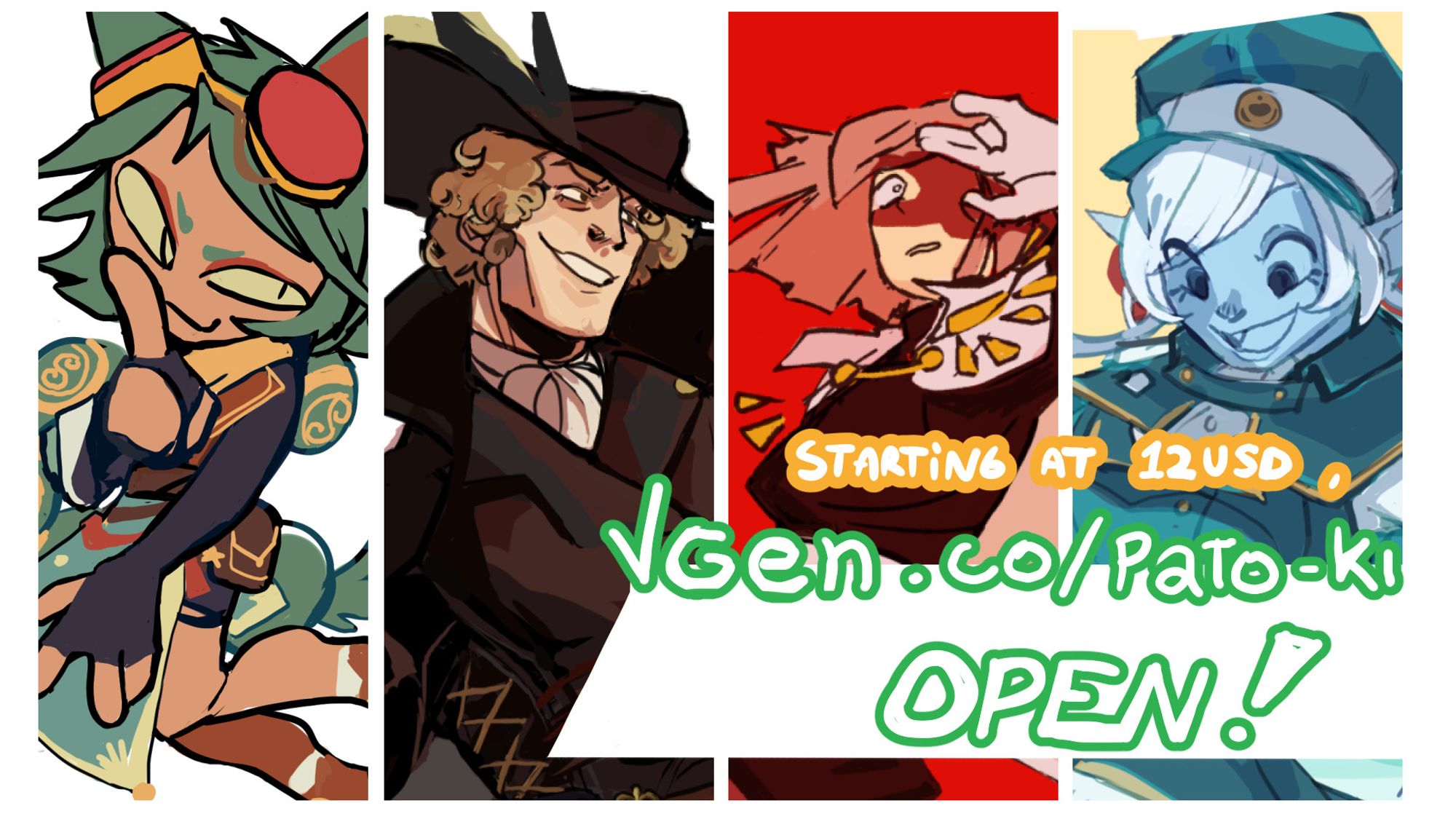 A banner that says "Starting at 12USD, vgen.com/pato-ki commissions open". There are four different styles displayed, chibi, rendered fullbody and various illustrations