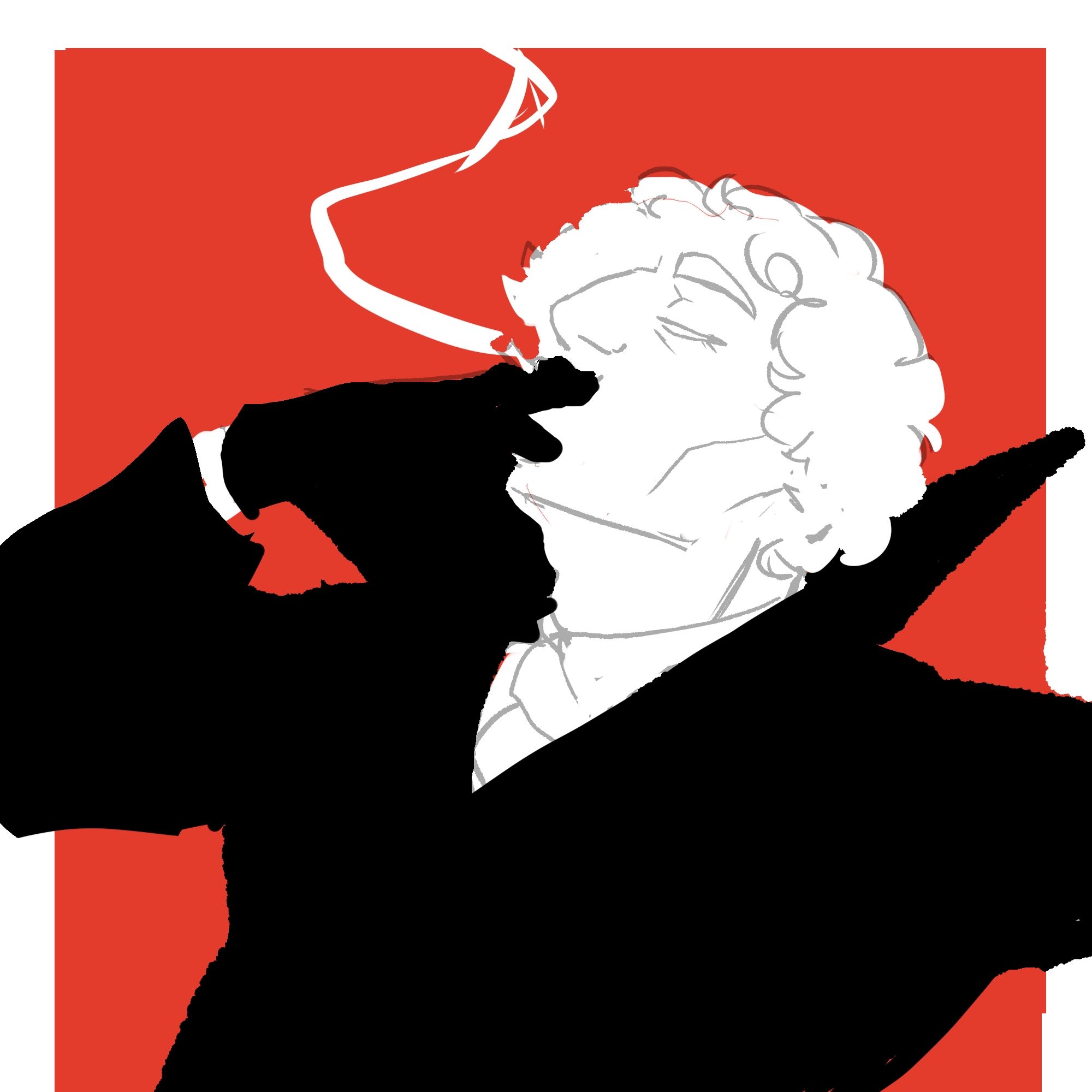 Stylized illustration of a man smoking a cigarette, bust up. His clothes are all black and there's no dividing lines on the silhouette. The background is a blockage of red and white. He has an aquiline nose and curly hair, looking to the side just slightly interested. The character, Cain Beau, whom the artist refers to, is their own original character.