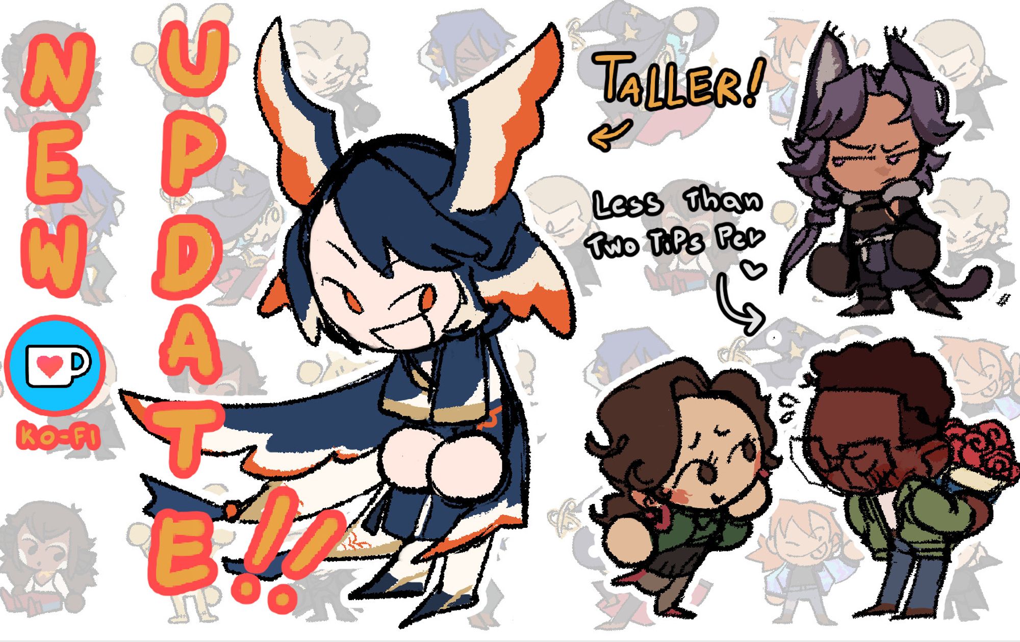 A second banner that says "New ko-fi update! Less than two tips per" and it displays an example of what changed in the artist's commission site: a new cute commission example, where the chibis are taller and somewhat more sketchy.