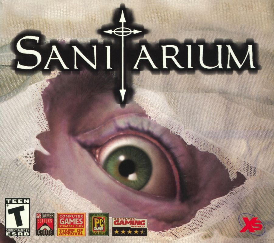 cover of the PC game Sanitarium, with a man's eye hysterically peering out from under some ripped bandages