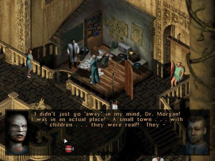 a screenshot from Sanitarium; the main character is speaking to a Dr Morgan, the characters in an isometric view; the scene is a cutaway of a doctor's office in a stone alysum; dialogue at the bottom of the screen says "I didn't just 'go away' in my mind, Dr Morgan! I was in an actual place! A small town... with children... they were real!! They-"