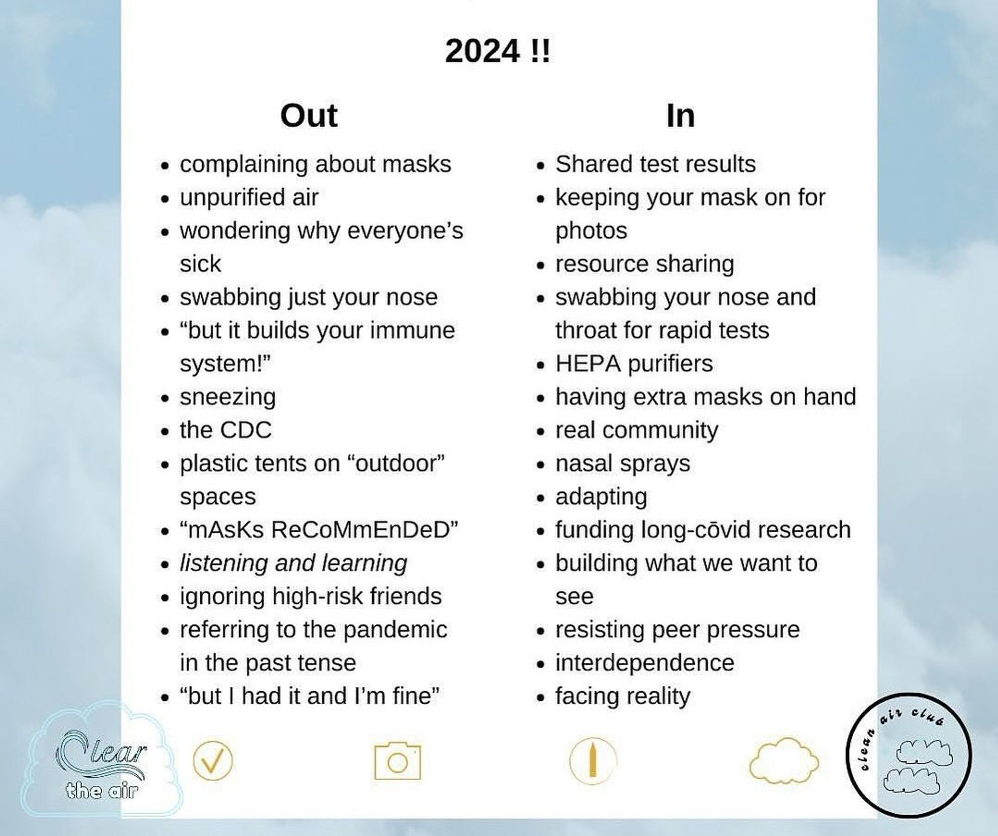 2024! Two columns: Out / In
OUT:  complaining about masks; (breathing) unpurified air; wondering why everyone's sick; swabbing just your nose; "but it builds your immune system"; sneezing; the CDC; plastic tents on 'outdoor' spaces; "masks recommended"; listening and learnign; referring to the pandemic in the past tense; "but I had it and I;m fine"  IN: shared test results; keeping your mask on for photos; resource sharing; swabbing your nose and throat for rapid tests; HEPA purifiers; having extra masks on hand; real community; nasal sprays; adapting; funding long covid research; building what we want to see; resisting peer pressure; interdependence; facing reality.