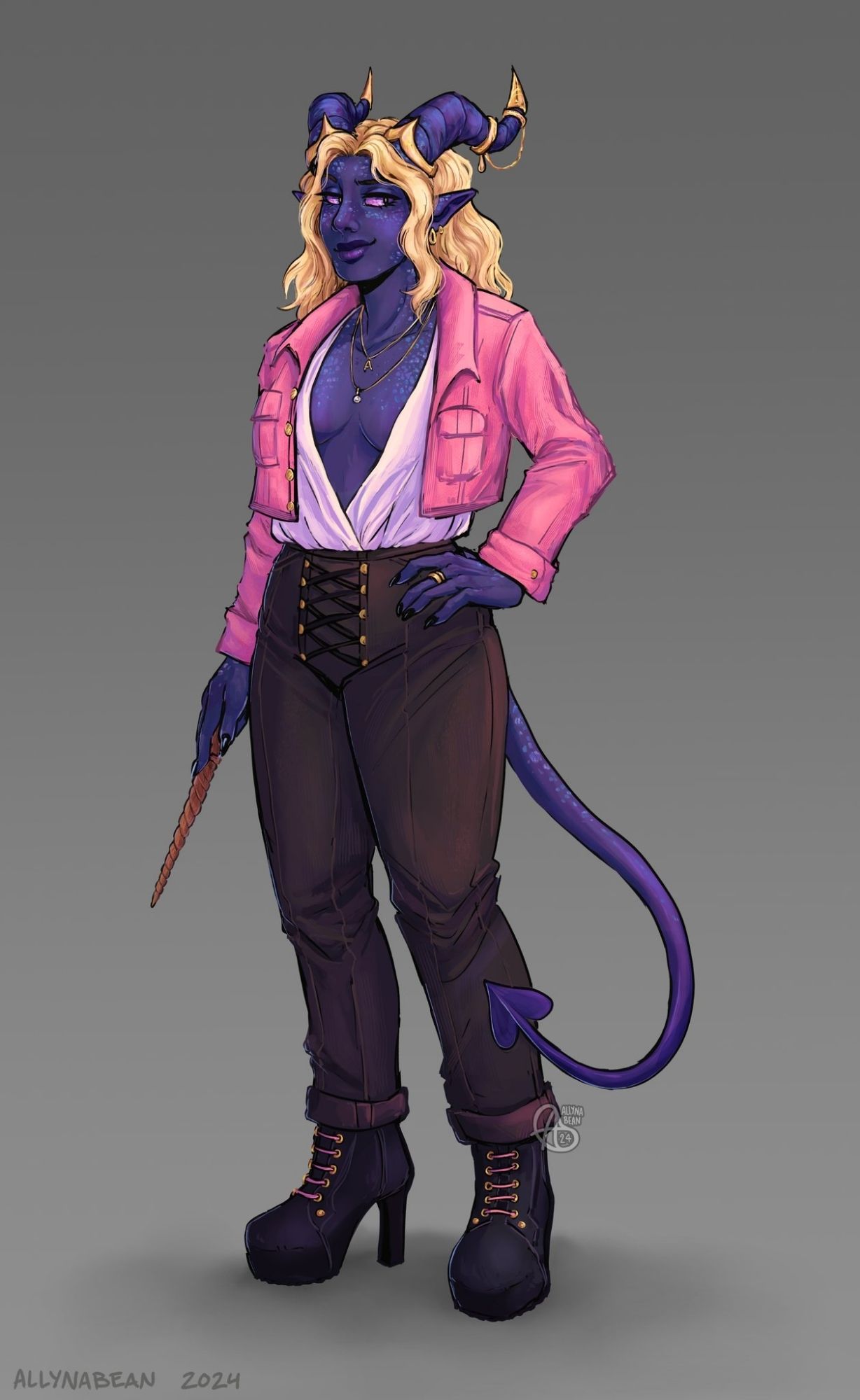 Digital illustration of a deep blue/purple tiefling woman. She has wavy shoulder length blonde hair, purple eyes, and shimmering scales across her face and chest. She wears a very open white shirt tucked into black leather pants, heeled boots, and a pink cropped denim jacket. She holds a wooden wand in one hand, the other resting sassily on her hip. She is wearing gold earrings, horn jewelry, a few necklaces and a ring.