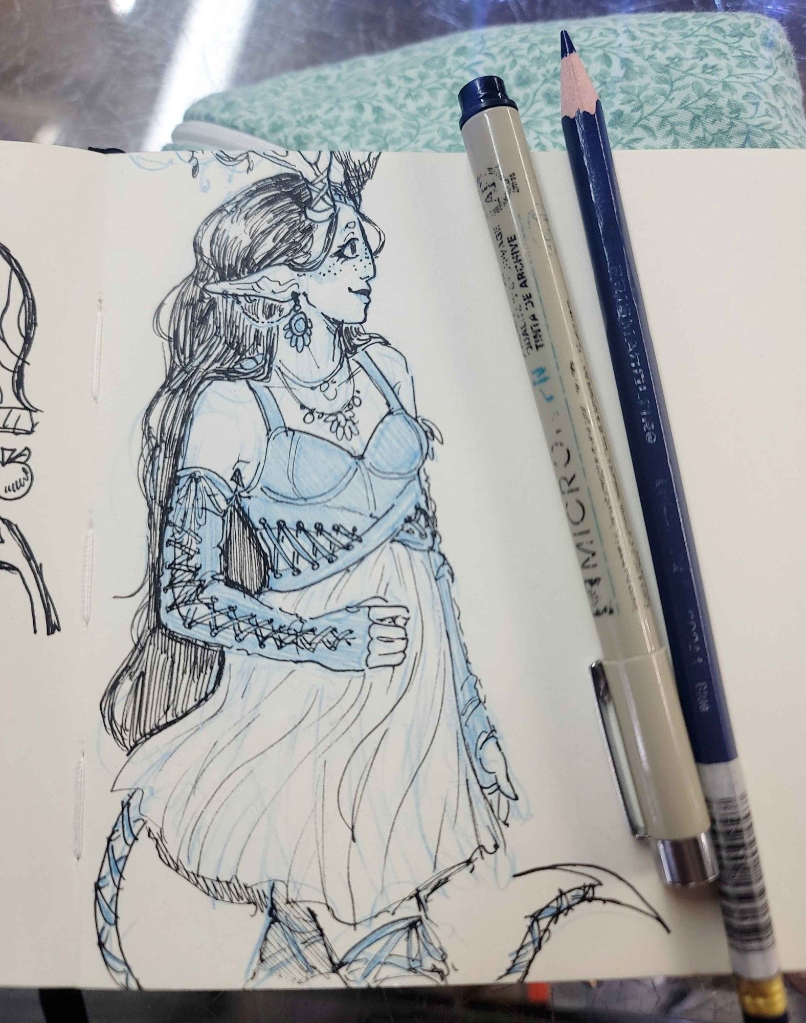 ink and blue pencil sketch of whimsy, a tiefling druid wearing a dress with a leather top and flowy skirt with lots of laces.