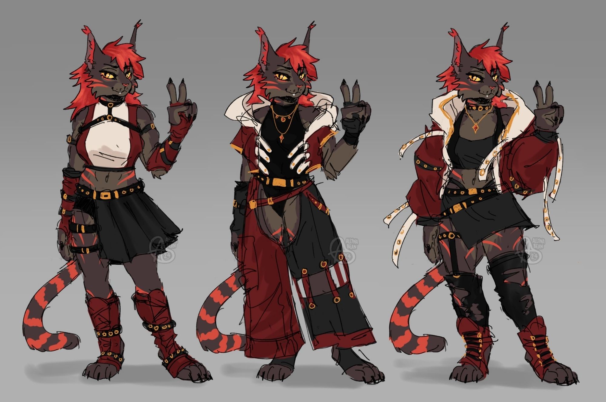 digital drawing of a grey/brown anthro lynx woman with red hair and red stripes. she is wearing three different outfits, cyberpunk-ish. the outfits are all various combinations of red, black, white and gold.