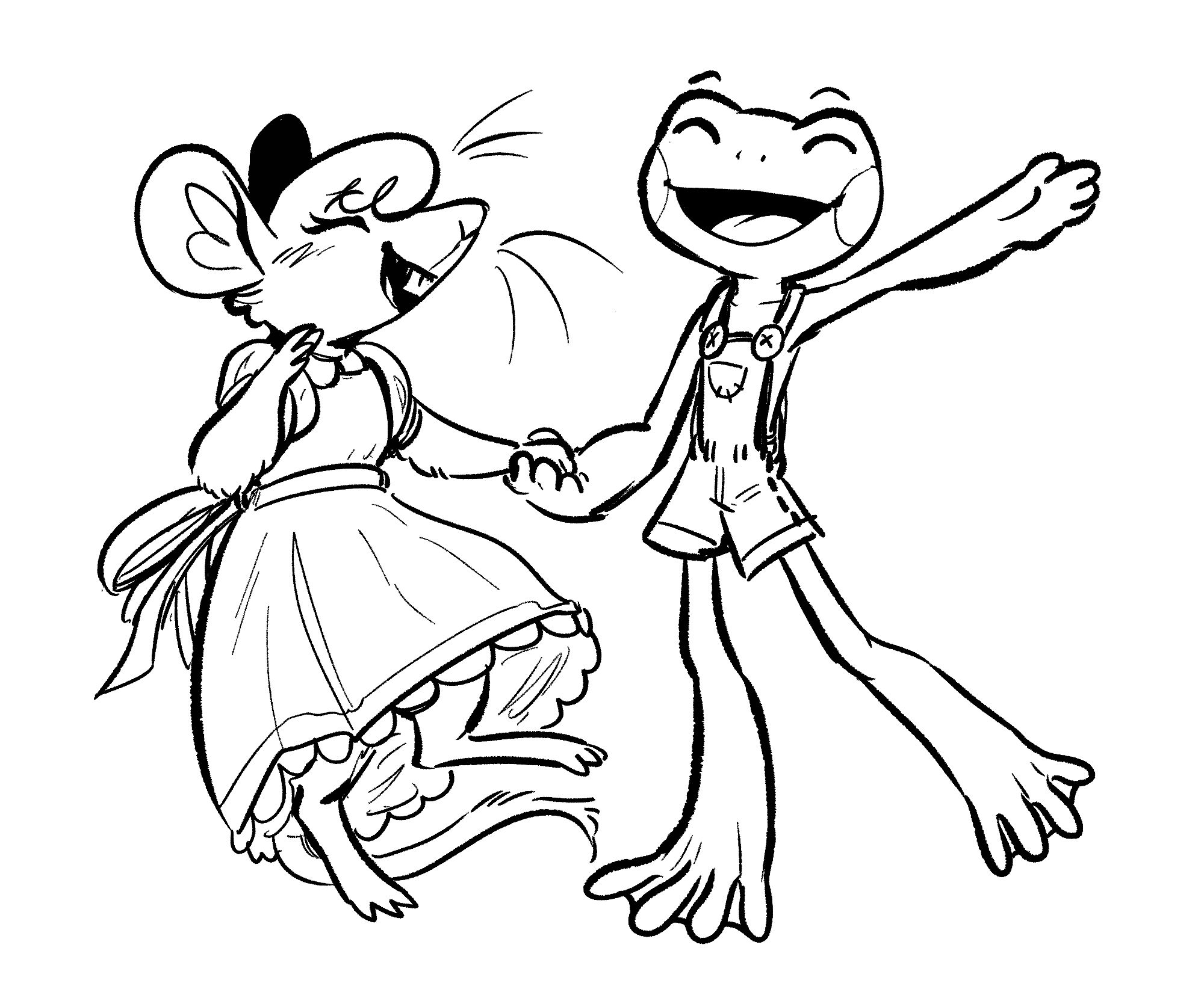 black and white lineart drawing of Bea and Dee, dancing happily. Bea is a anthro mousefolk with a little dress on, and Dee is an anthro frogfolk with little overalls! They are holding hands