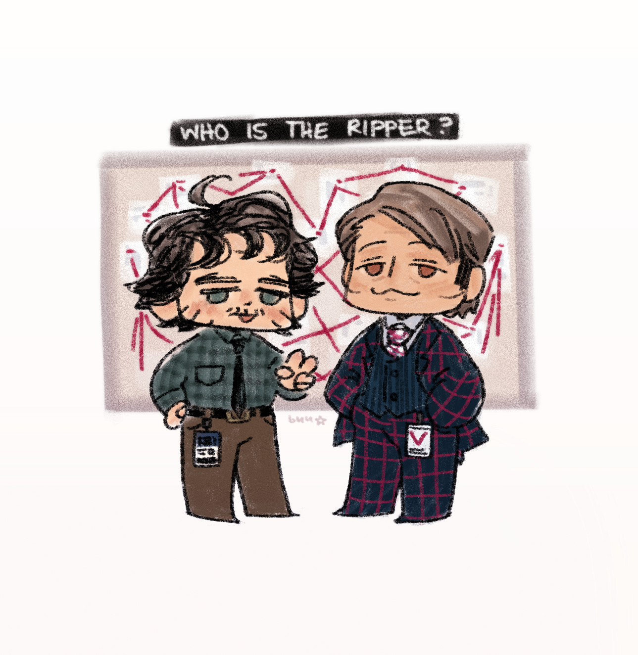 art of hannigram. "who is the ripper?" red thread board behind will and hannibal. the threads form a a bleading heart around them