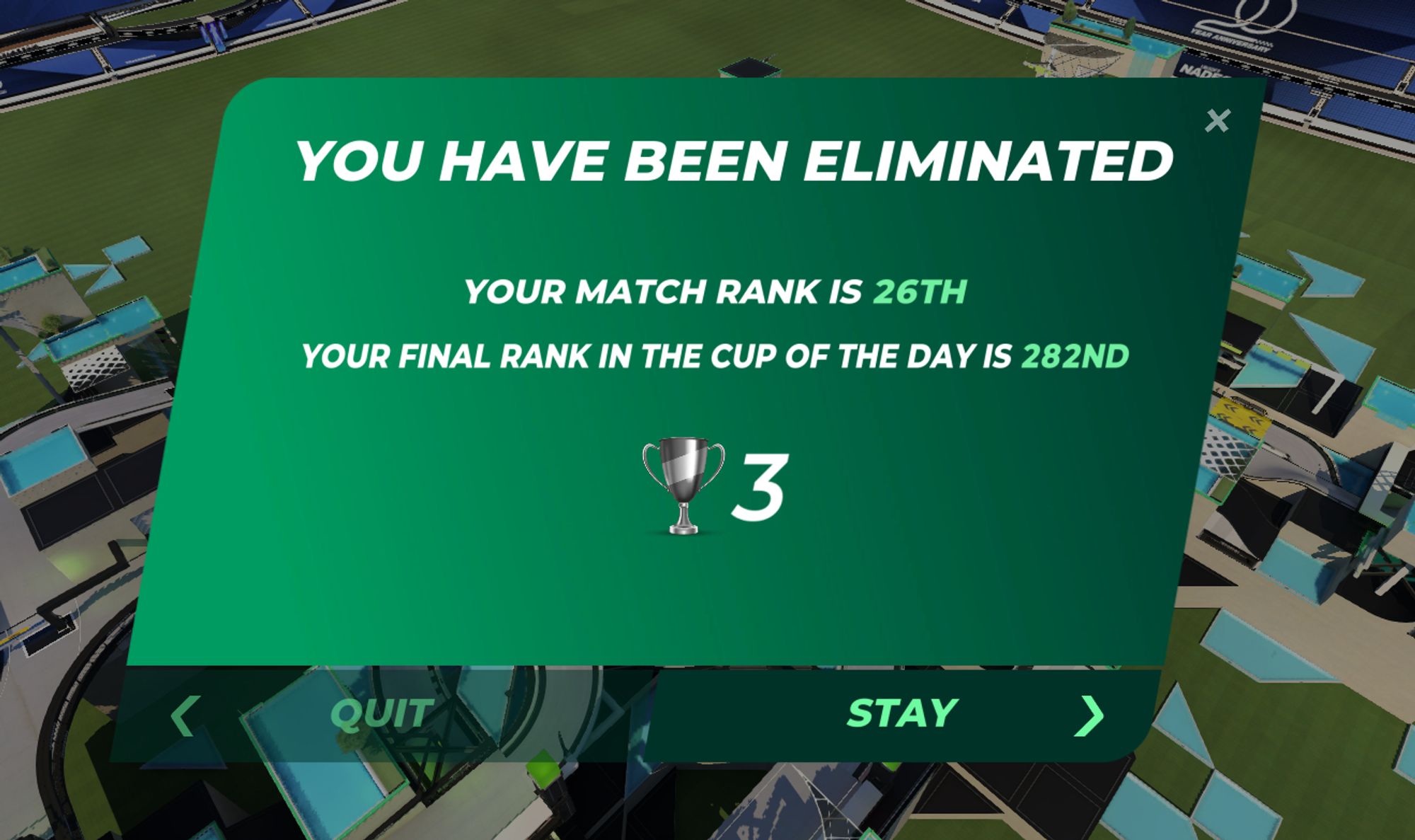 You have been eliminated 

your match rank is 26th

you final rank in the cup of the day is 282nd