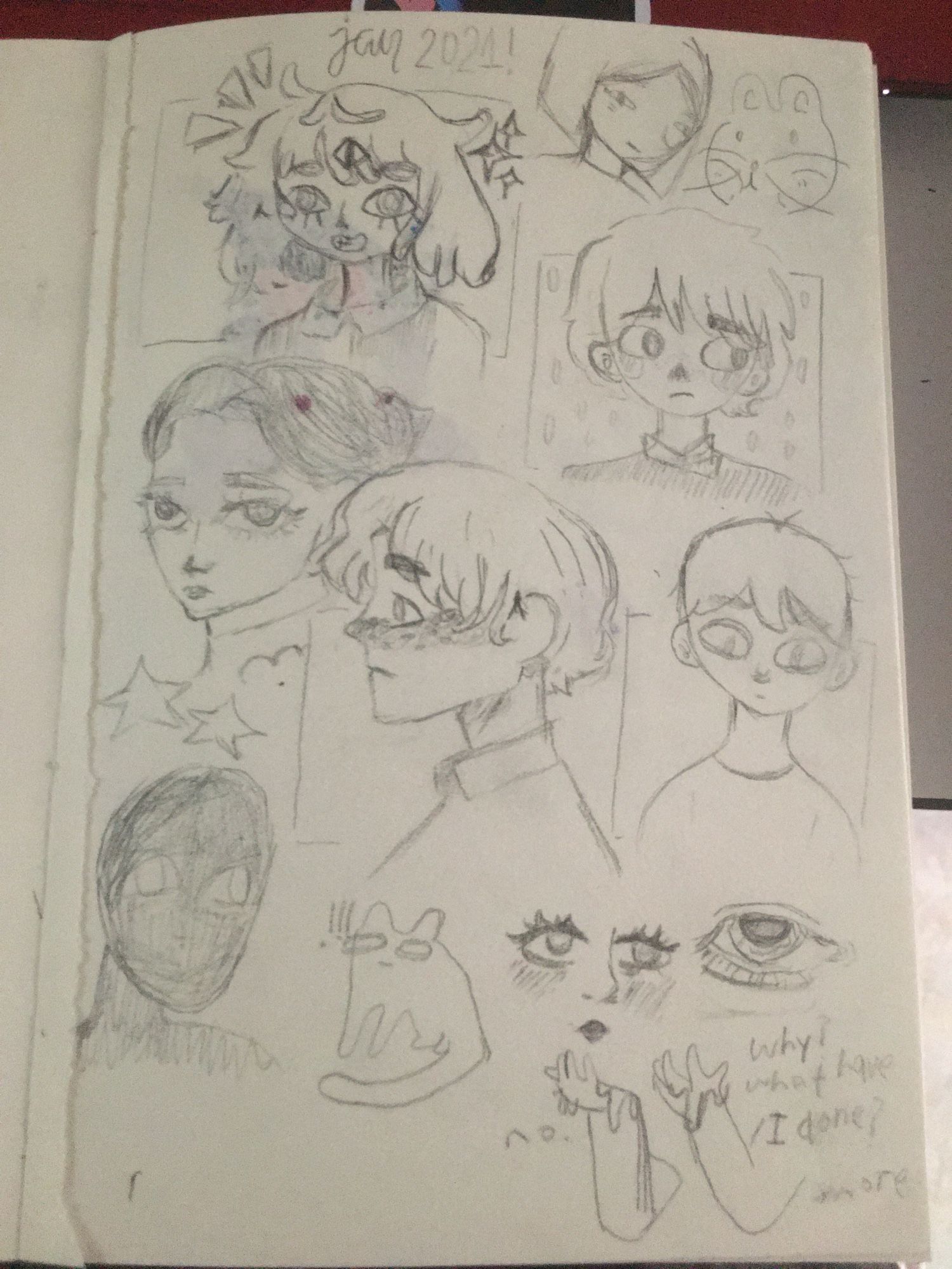 sketch page. this was january 2021. i don’t draw anymore.. i got tired of it but i still draw only when i want to. maybe i’ll draw more in the future.

this page was just really random doodles, references from Pinterest.