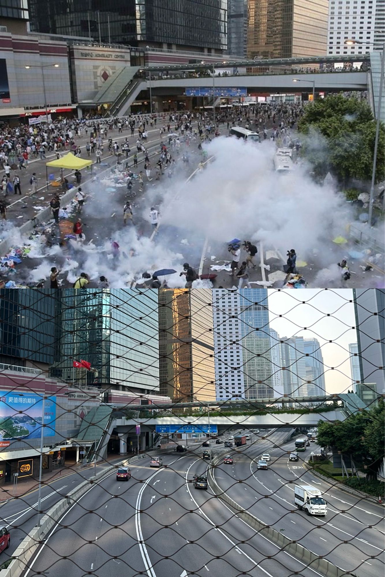 Up: Reuters photo of Hong Kong police firing tear gas to dispute protesters in September 2014.

Down: Harcourt Road in September 2024, view from the skywalk between United Centre and the Central Government Complex.