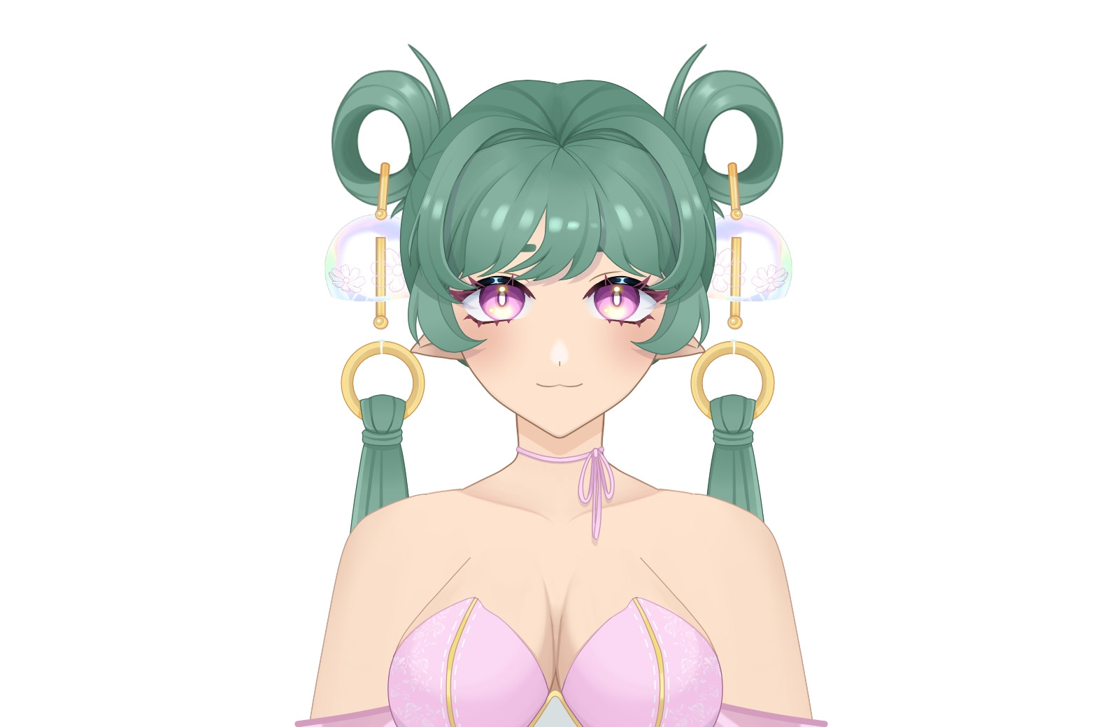 Anime girl with green hair and fluffy bangs, has wind chimes attached to hair loops attached to pigtails. Wearing a pink ribbon tied in a small, thin bow, wearing a corset type top that's pink with gold accents and white florals.