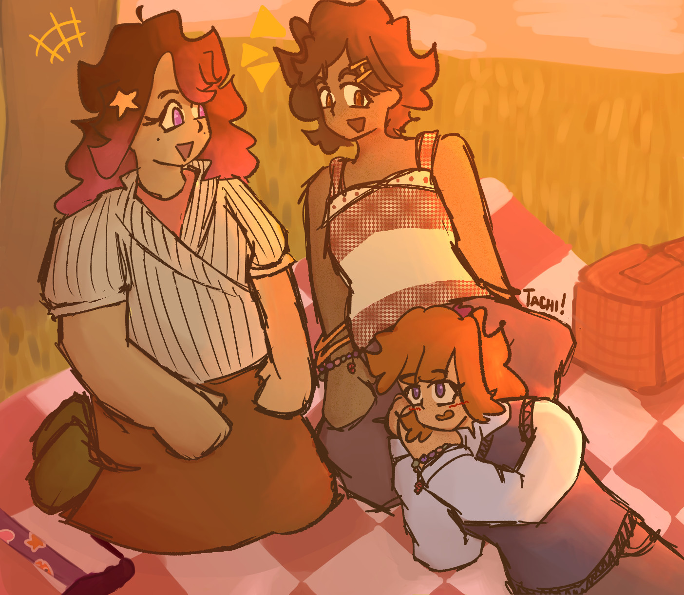 digital art of ryoko, joe, and sara under a tree on a picnic blanket in the grass in casual wear. ryoko sits on her knees with her hands on her lap; she has black hair that fades into purple at the ends and wears a white pinstripe blouse over and a dark reddish orange skirt and dark brown shoes, as well as a star clip in her hair. joe sits beside her, legs crossed; he has freckles and wears a tank red and white top with various patterns and blue jeans. he also dones his lightning bolt hairclip, two golden bracelets, and a matching charm bracelet with sara, which has multi-colored beads and half of a heart with his initial on it. the two of them are laughing and teasing sara, who lays on joe's lap with an embarrassed expression, and wears a white collared shirt under a black vest and jeans. she also wears the other half to joe's charm bracelet with her initial on the half-heart charm. around them is a picnic basket and ryoko's cane. the artist's signature reads: "Tachi!".