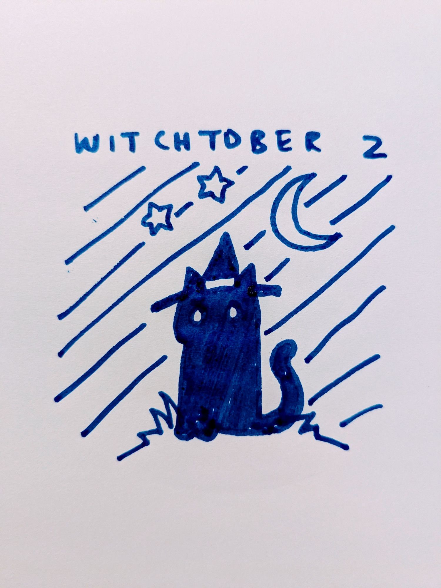 witchtober 2. blue cat on grass in front of moon and star, drawn with marker.