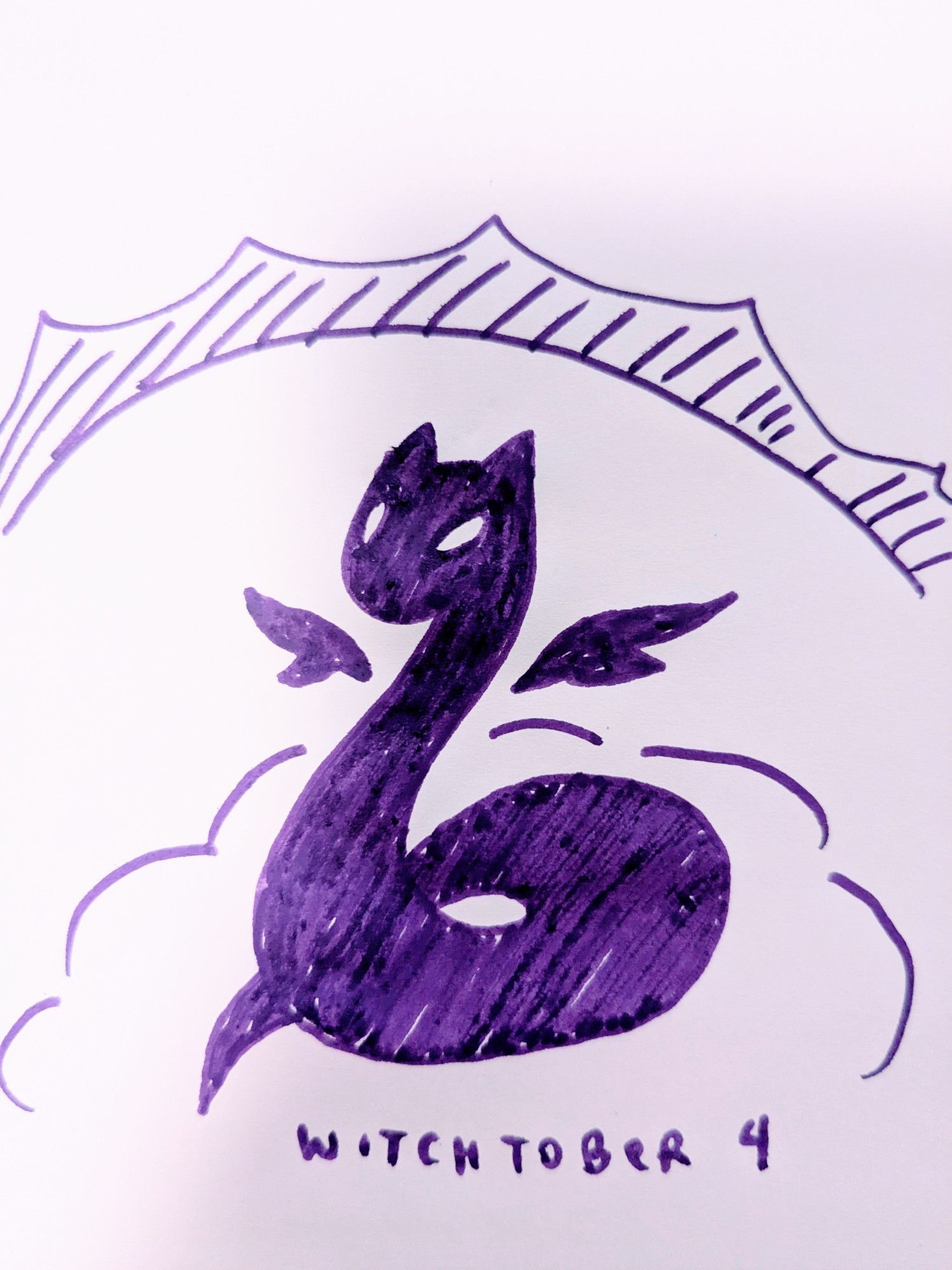 marker drawing of purple snake with ears & wings on a cloud with magic light radiating off of it