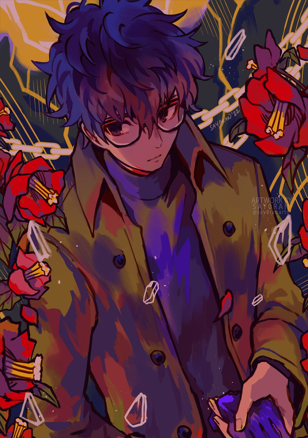 An illustration with a yellow and purple color palette of Joker / Ren Amamiya / Akira Kurusu from Persona 5 in his 3rd semester outfit, holding onto Akechi's glove, surrounded by Japanese camellias and shattered shards of glass.