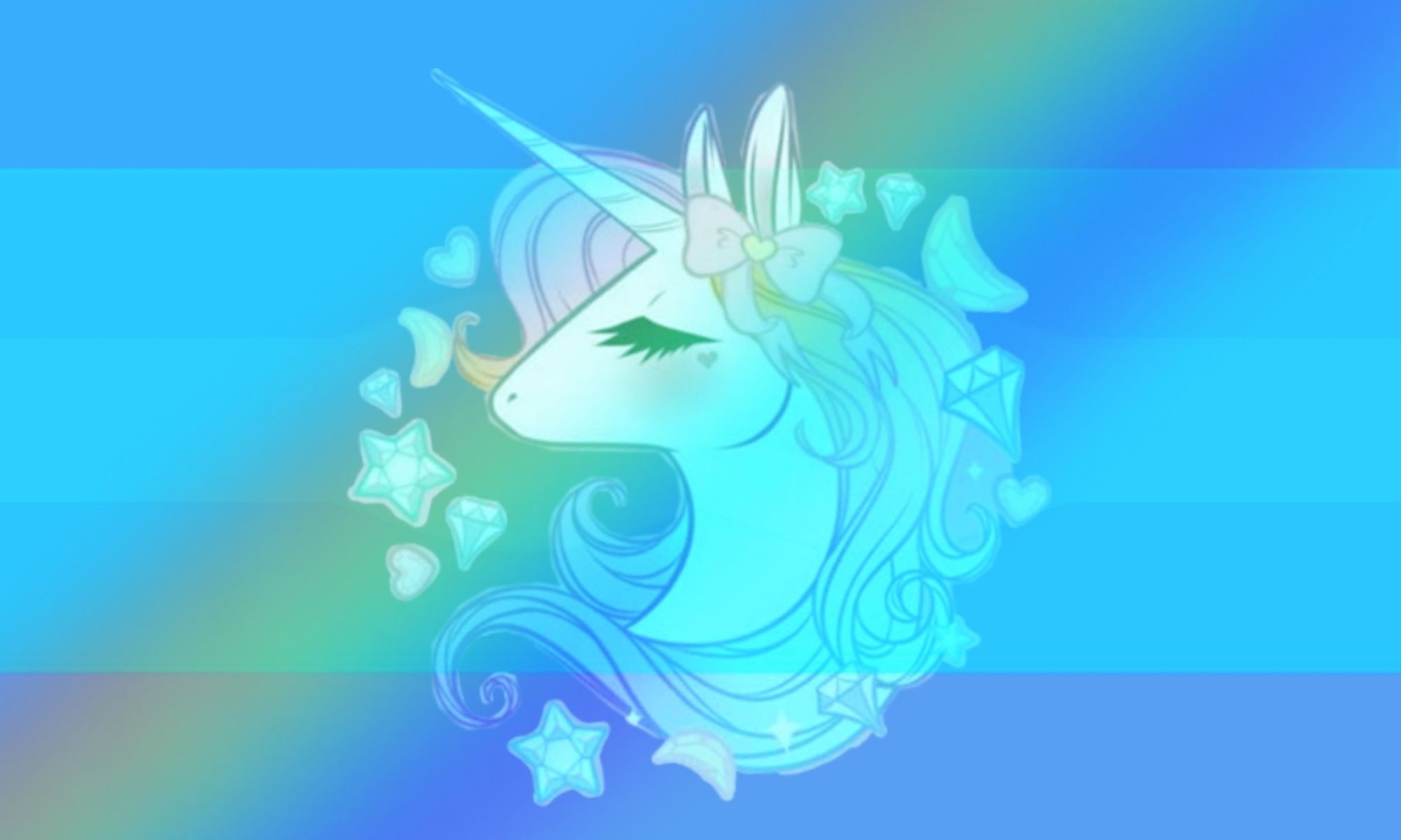 A flag that haw dark blue, ocean blue, and sky blue stripes. A translucent rainbow cuts diagonally through the flag. There's also a unicorn drawn in a cartoon style in the middle of the flag.