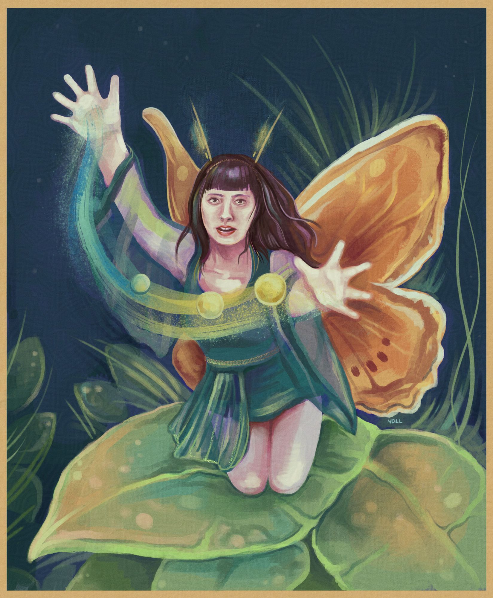 Digital painting of a fairy with long, brown hair, pale skin, and orange butterfly wings wearing a green minidress with a translucent half-skirt overlay. She is casting a spell between her outstretched hands, forming teal and yellow balls of light, and she's sitting on leaves in a night-time garden scene.